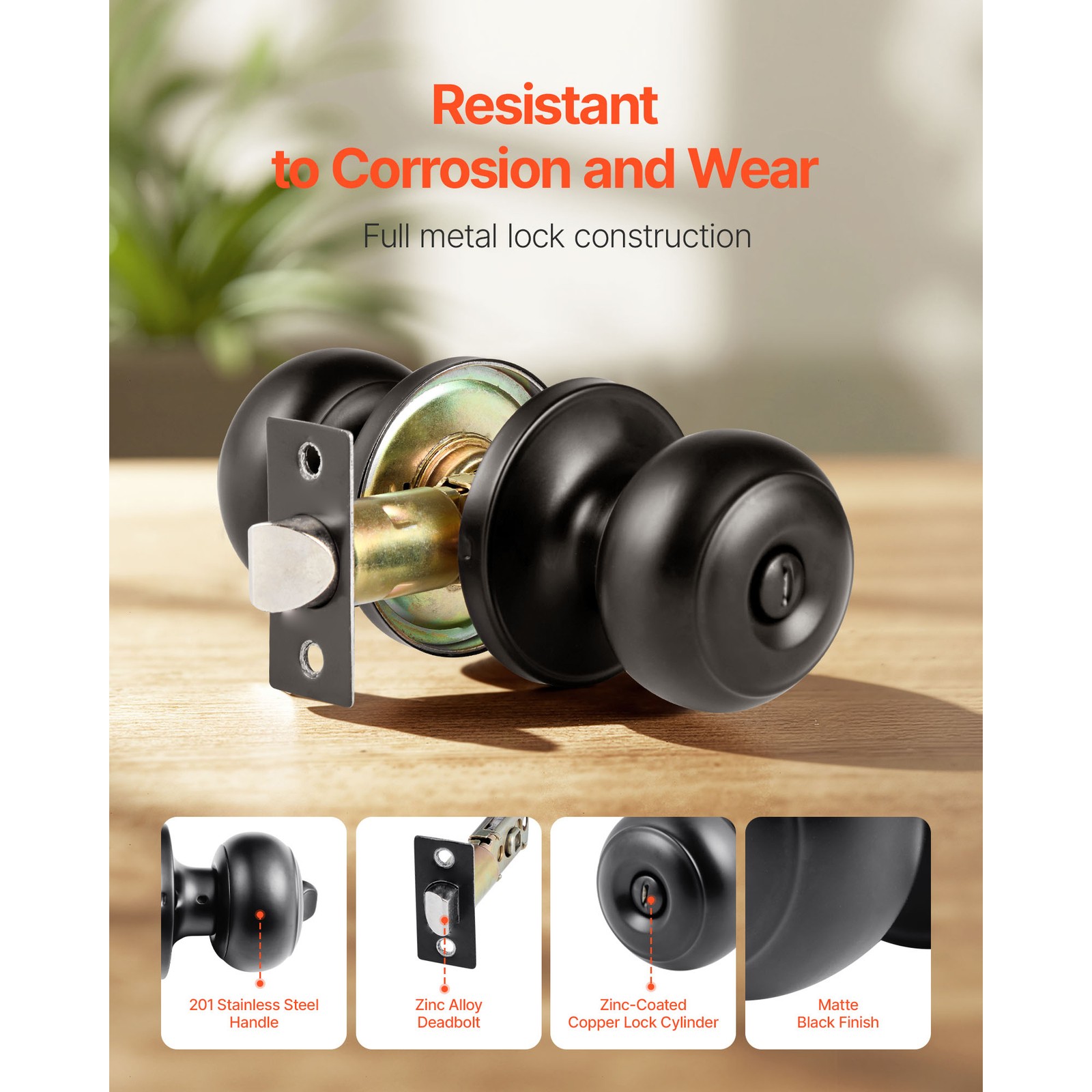 Uimoso Matte Black Interior Door Knobs for Bedroom and Bathroom, 6-Pack, Keyless