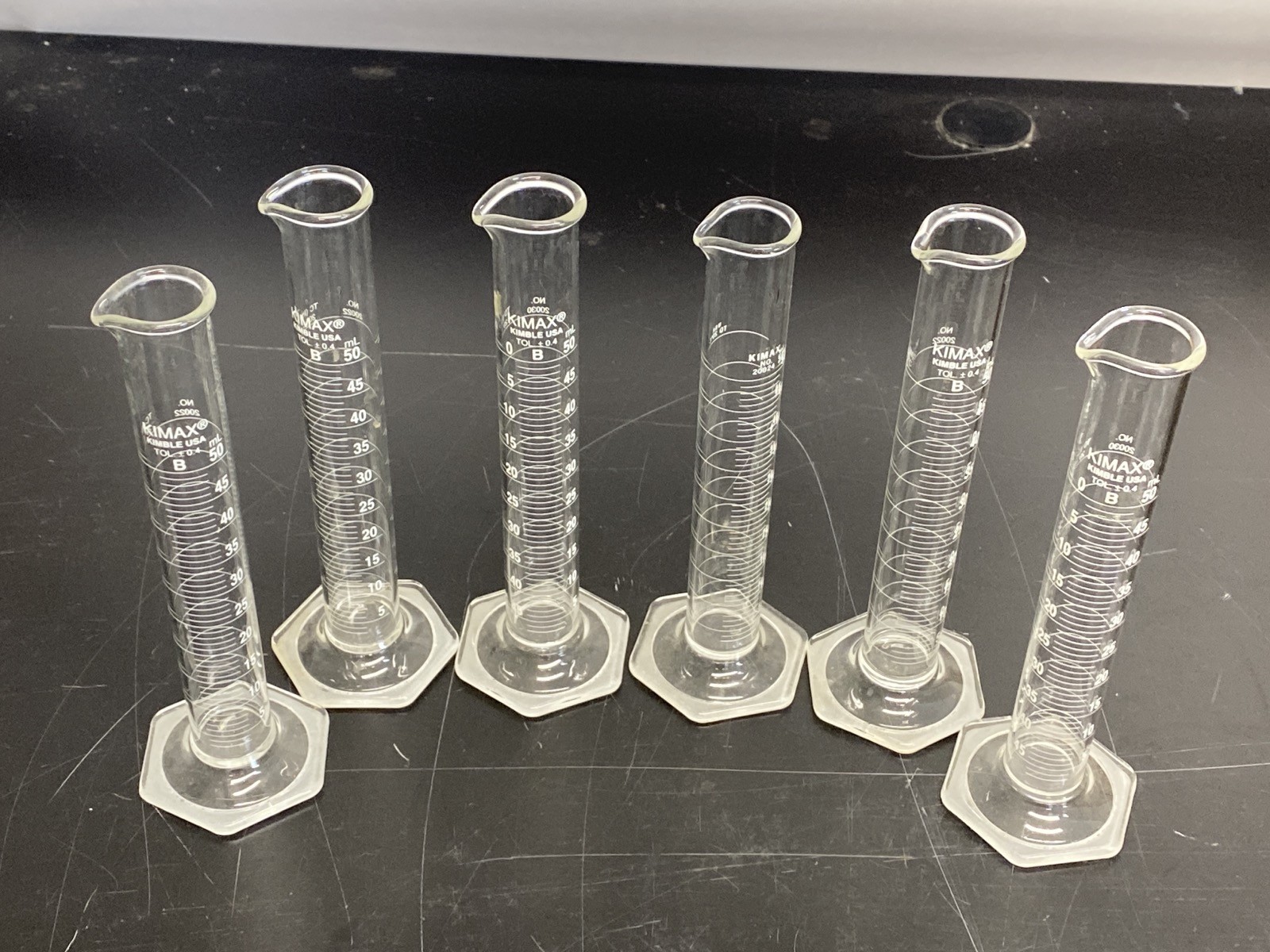 (6) Used KIMAX Glass Class B 50mL TD Single Scale Graduated Cylinder 20024-50
