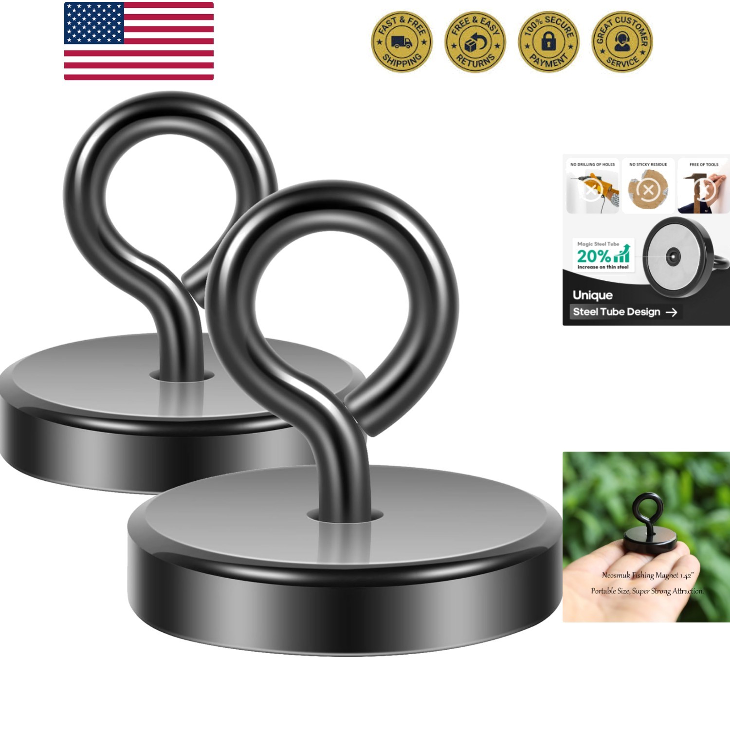 Black Fishing Magnet, 1.42 inches 150lb Strong Magnets Heavy Duty with Eyebol…