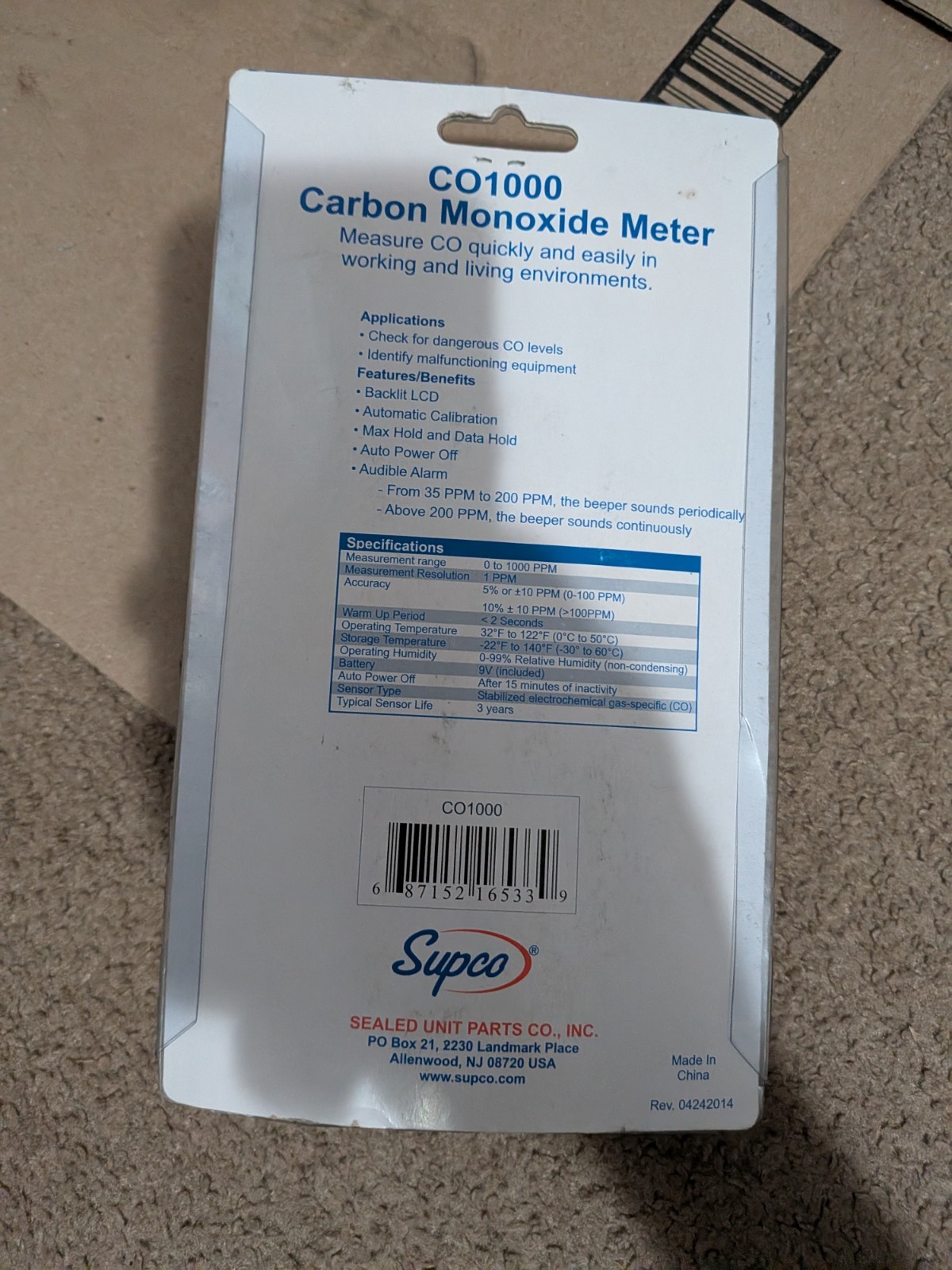 Supco CO1000 Carbon Monoxide Detector Meter, Gas Detection Device, MPN CO1000