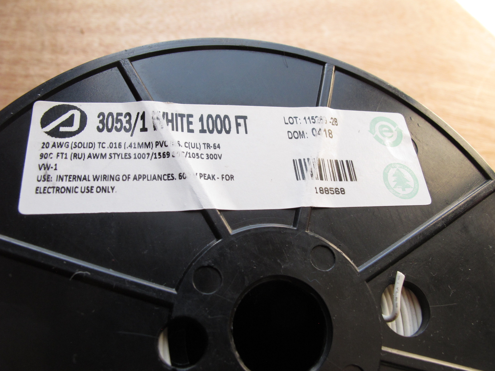 Alpha Wire 3053/1 Premium Hook-Up Wire, 20 AWG, Solid, PVC, White – 750′ Spool