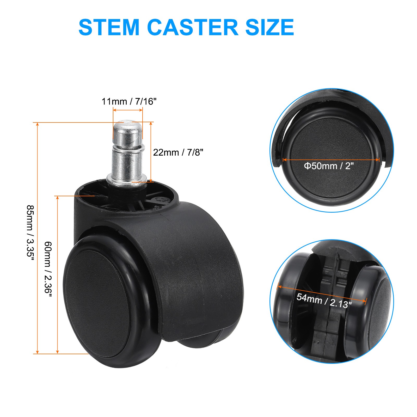 2 Inch Gaming Chair Wheels Replacement Quite Swivel Stem Caster Black