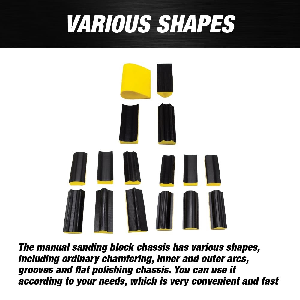 16pcs Hand Sanding Block Set – Hook and Loop Interchangeable Assorted Shapes