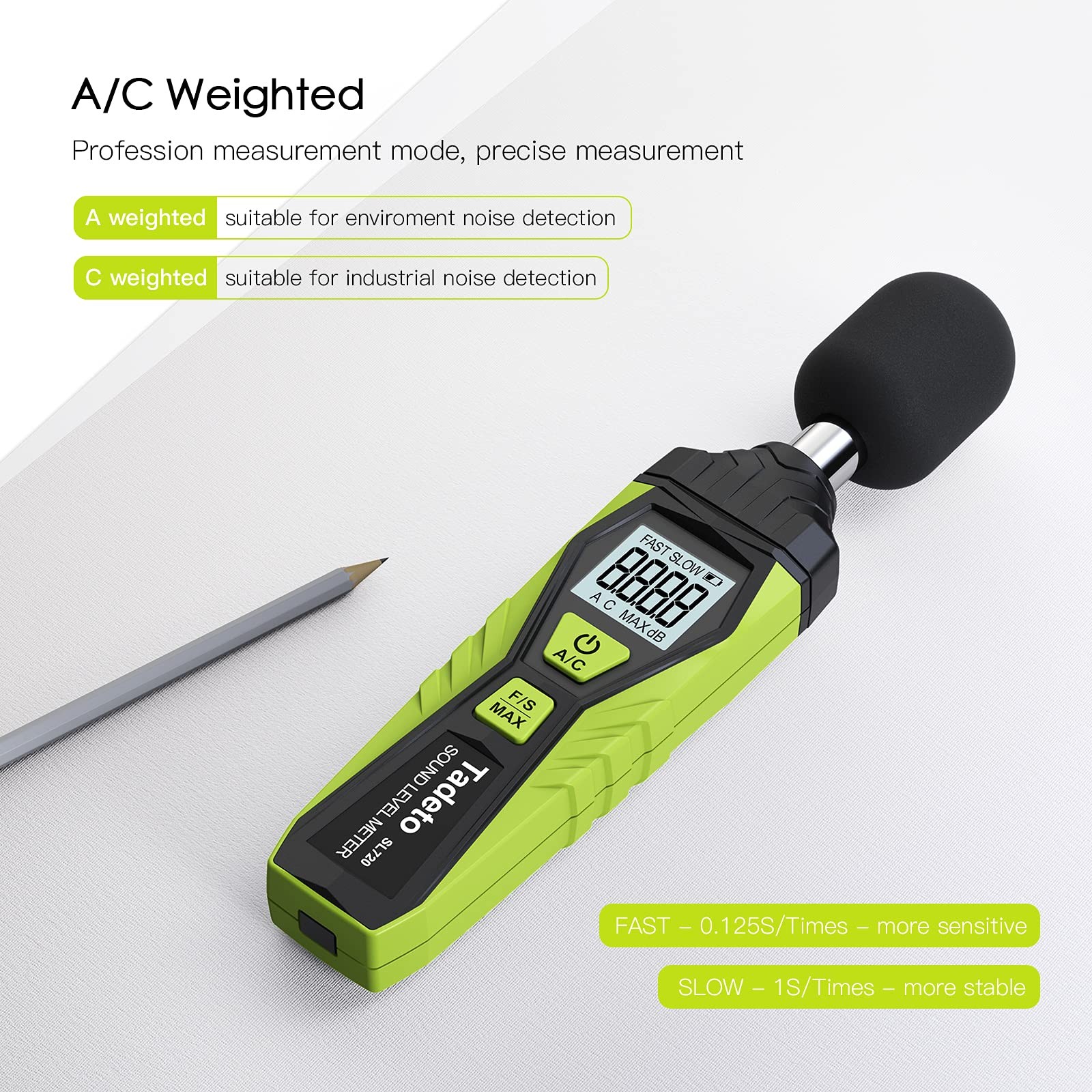 Digital Sound Level Meter 30-130dB SPL, LCD Backlight, A/C Weighted, Data Hold