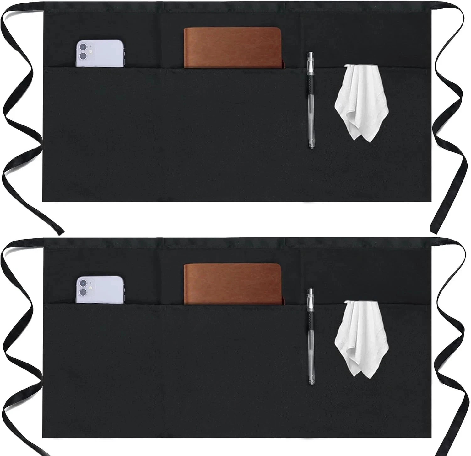 2 Pack Server Apron – Waist Half Aprons for Waitress with 3 Pockets, Black Short