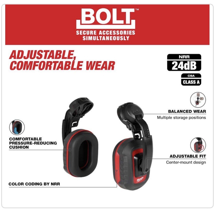 Milwaukee 48-73-3250 BOLT 24dB Earmuffs, Use with Safety Helmets and Hard Hats.