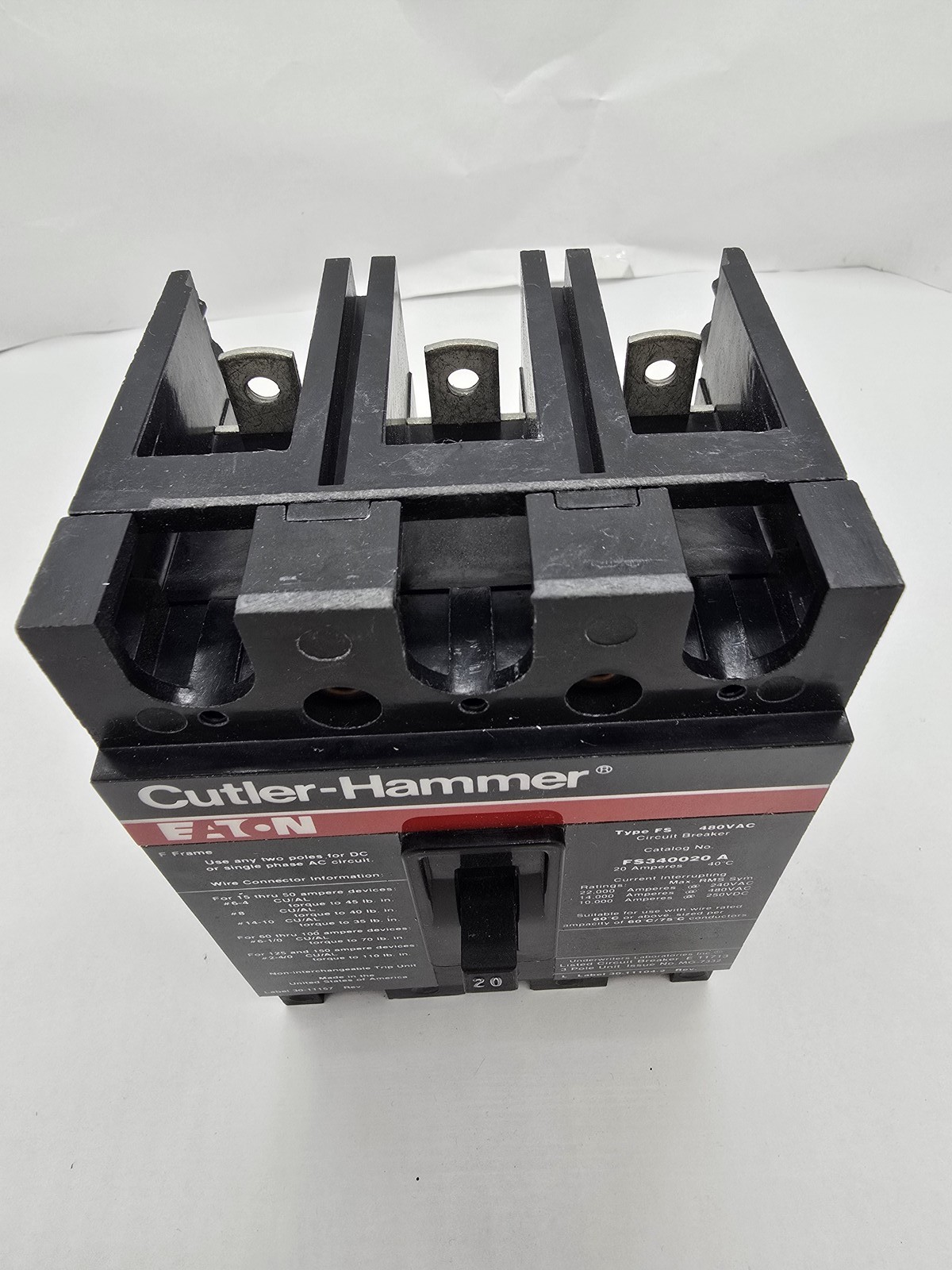 Cutler-Hammer FS340020A Bolt-On Circuit Breaker 20A 3P 3PH 480V 14KA FS