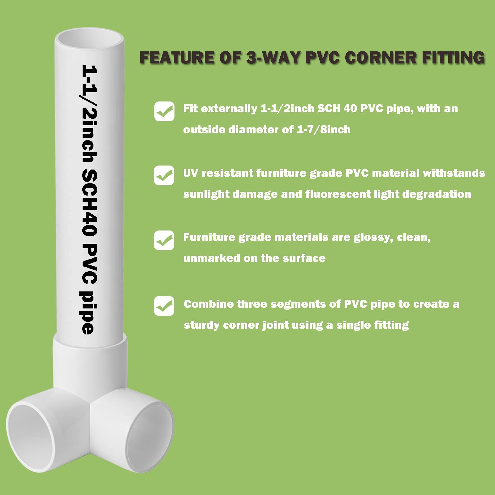 6Pack PVC Fitting 1-1/2Inch, 3 Way Furniture Grade Elbow Pipe 3Way, White
