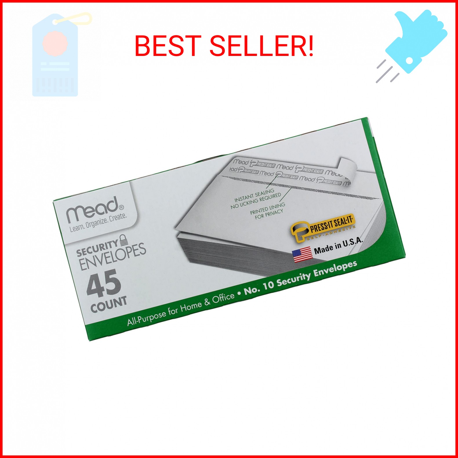 Mead Press-it Seal-it No.10 Security Envelopes, 4.125 x 9.5-Inches, White, 45 Co