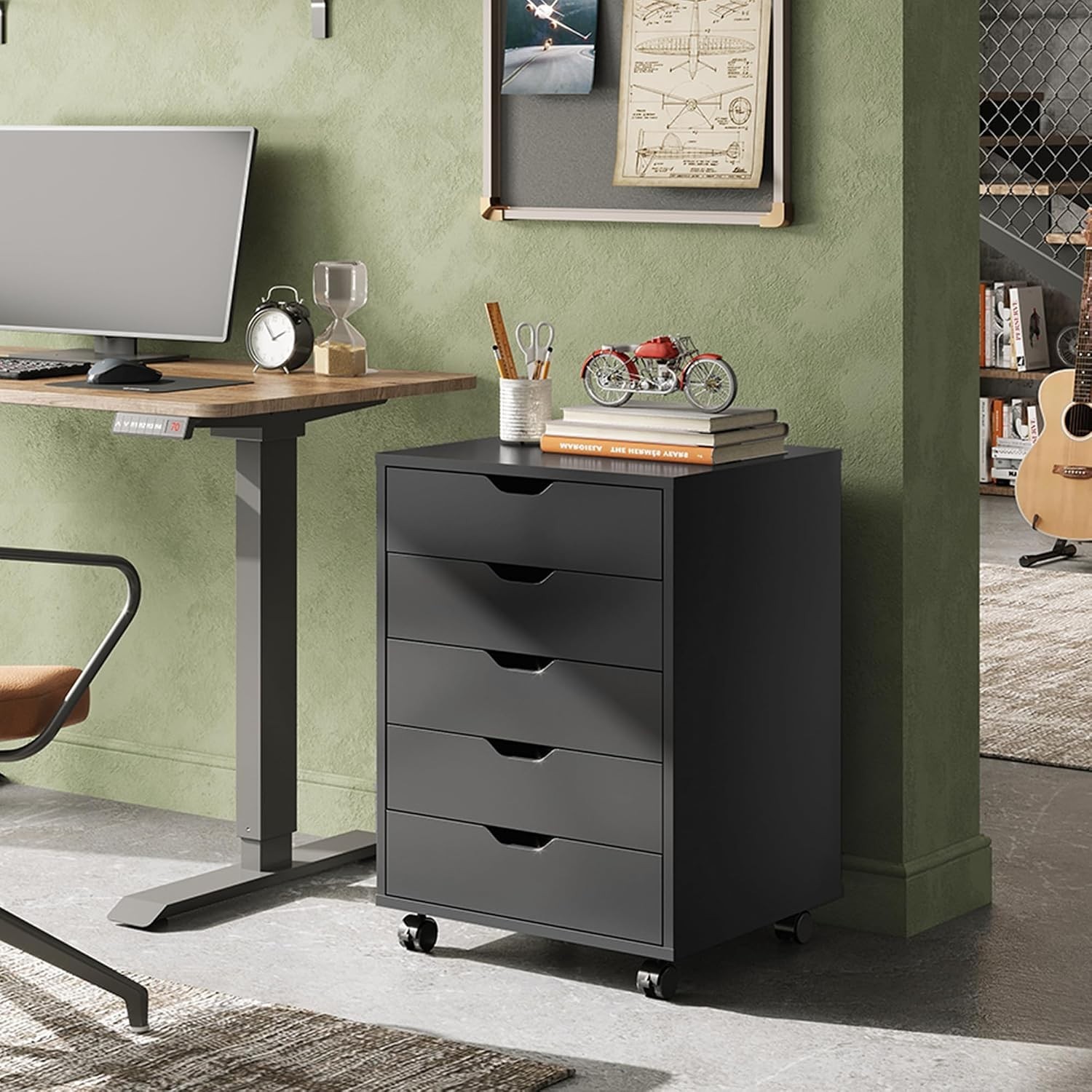 Versatile Black 5-Drawer Cabinet with Wheels – Perfect for Home Office Use