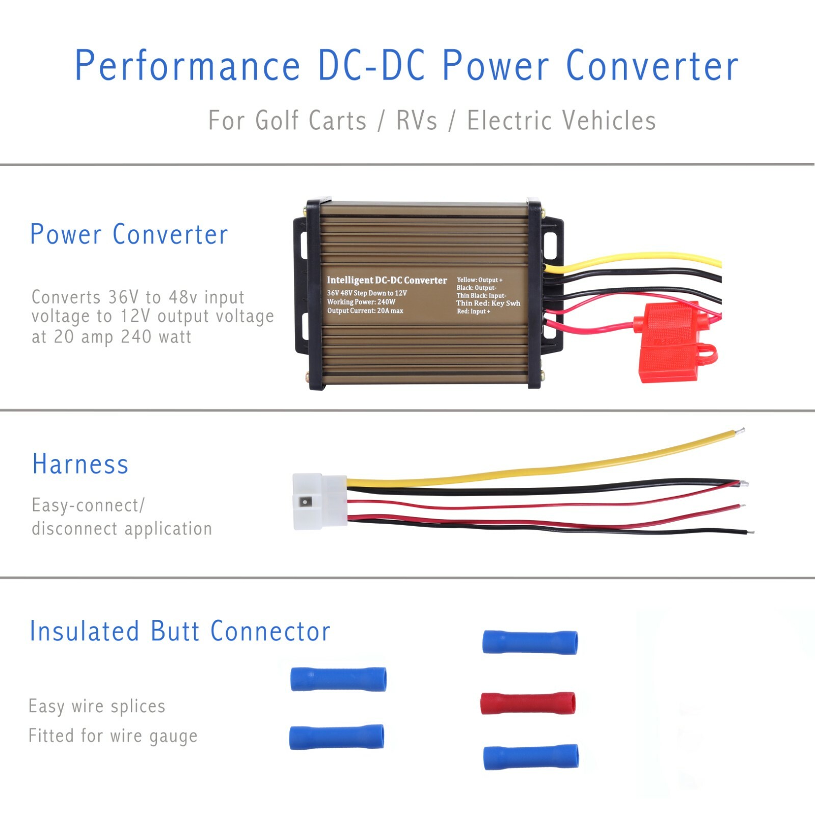 DC Golf Cart RV Voltage Reducer 36V 48V Step Down Reduce to 12V 240 Watt 20 Amp
