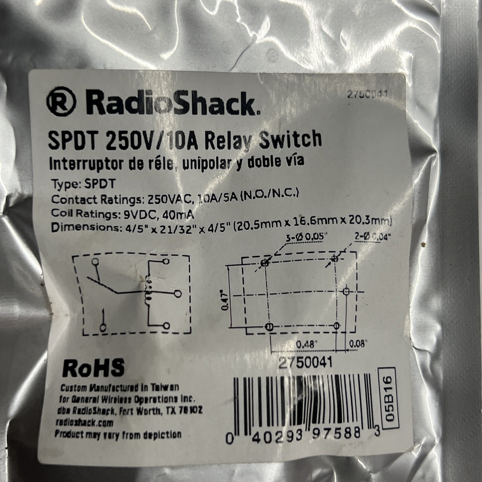 RadioShack SPDT 250VDC Mini Relay 2750041 Create It 10A 9V Coil Rating 40mA