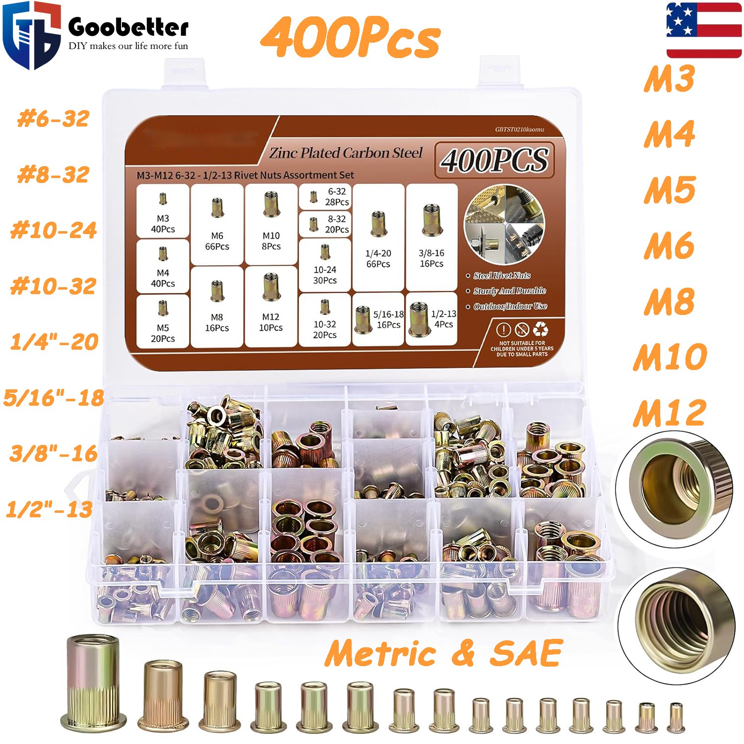 400pcs Rivet Nut Kits Metric & SAE Mixed Flat Head Threaded Insert Nutsert Set
