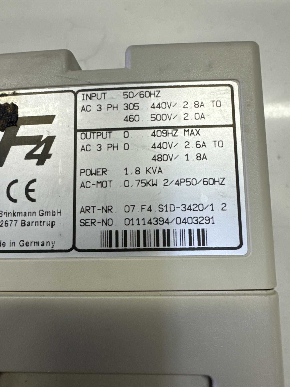 KEB 07.F4.S1D-3420/1.2 Combivert AC Drive 3PH 1.8KVA 480V 1.8A HF Filter