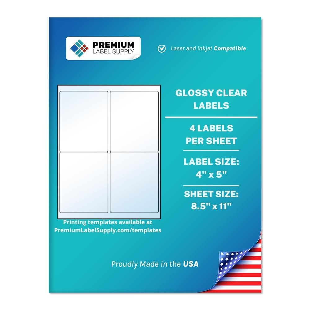 Premium Label Supply Glossy Clear Labels 4 X 5 Laser/Inkjet Compatible 4 Per