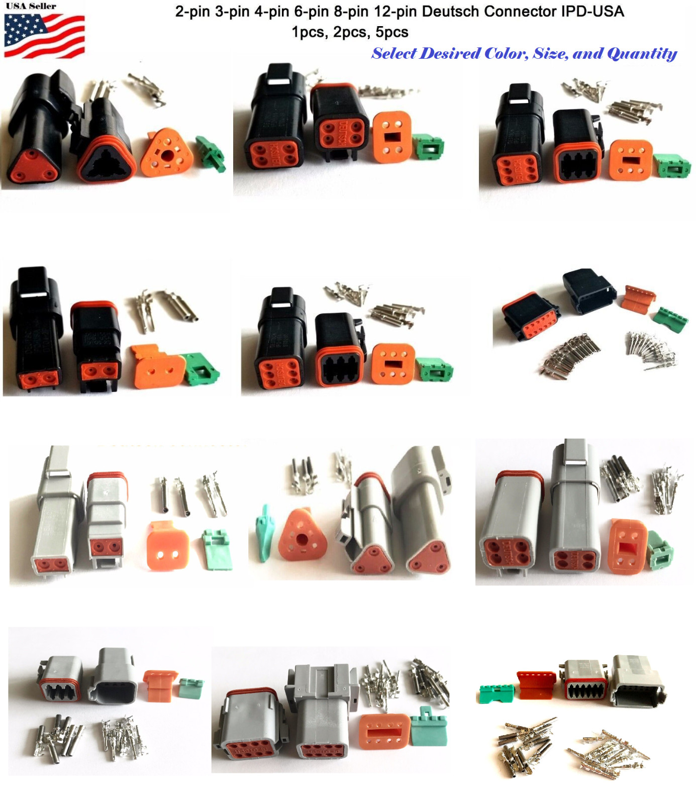 Deutsch 2,3,4,6,8,12 Pin Connector Housing, Seals Crimp Terminals,14-16 AWG
