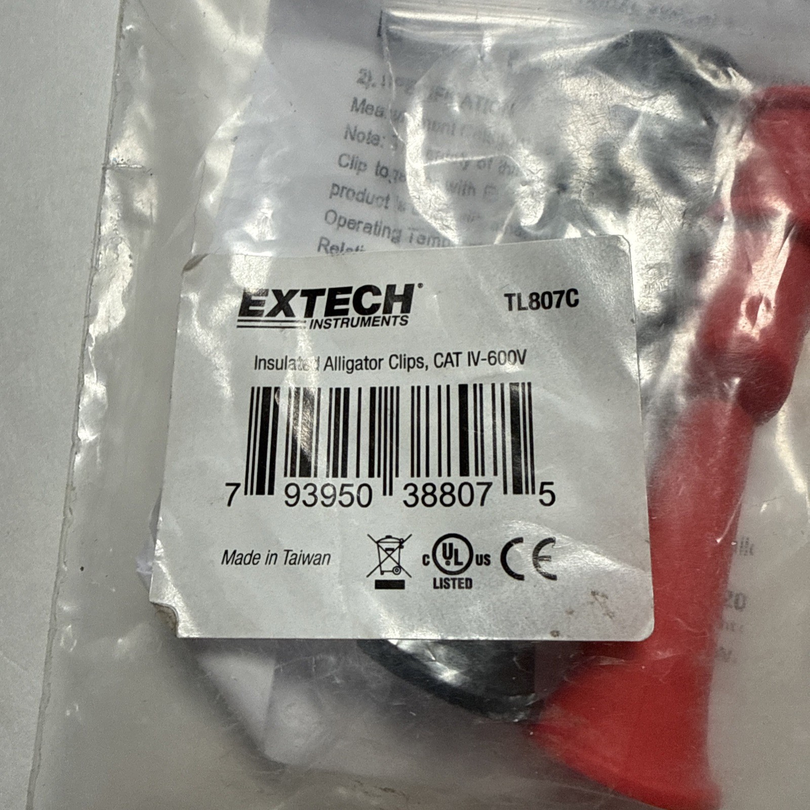 Extech Insulated Alligator Clips TL807C, CAT IV-600V, New!