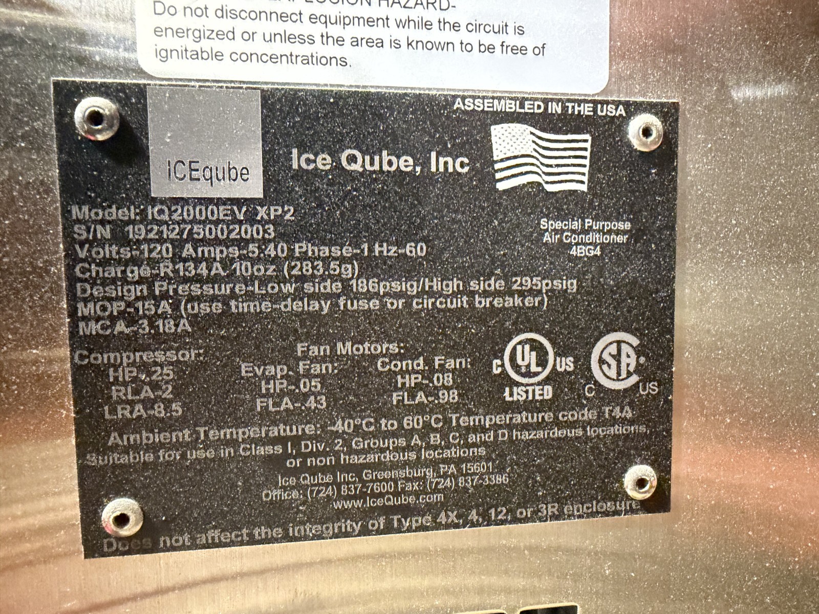 Ice Cube Air Conditioner IQ2000EV XP2 New Open Box Stainless NEMA 4X Explosion