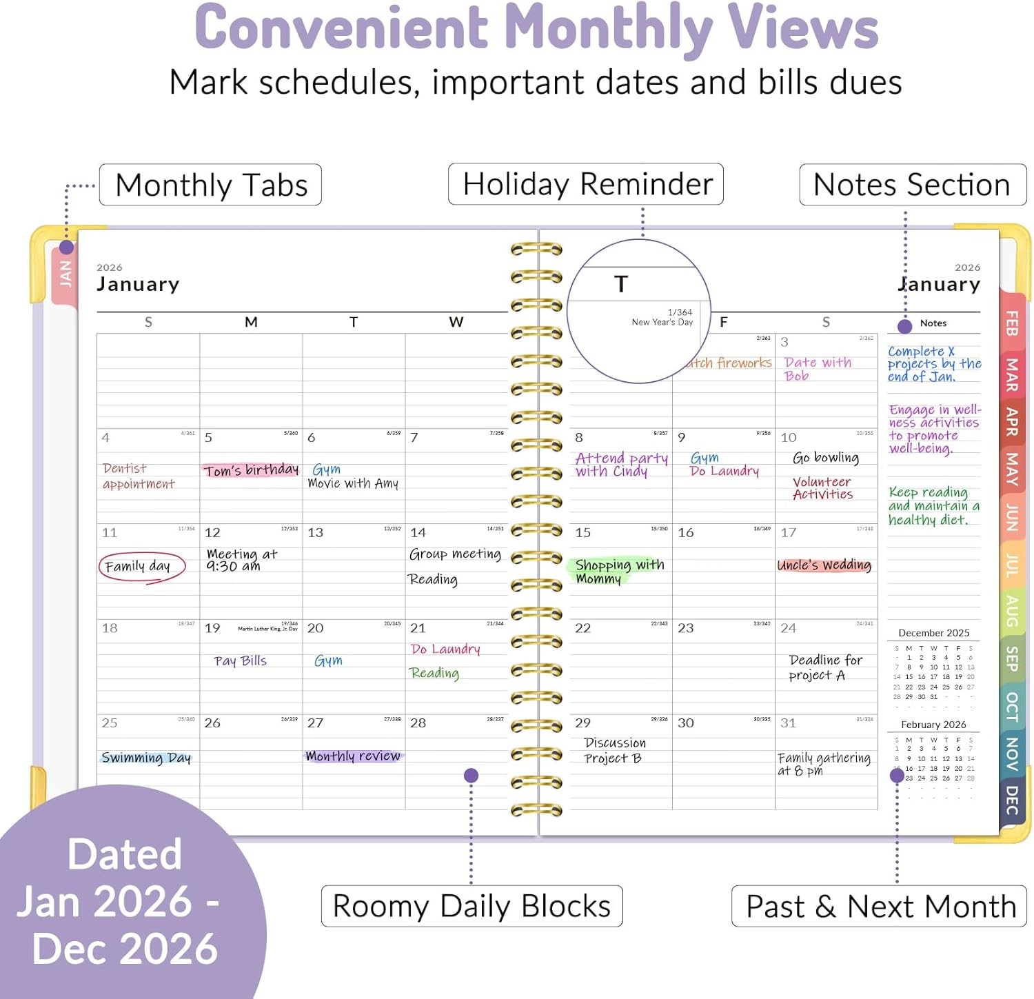 2026 Planner, Forvencer Calendar Planner Weekly and Monthly, Jan 2026-Dec 2026,