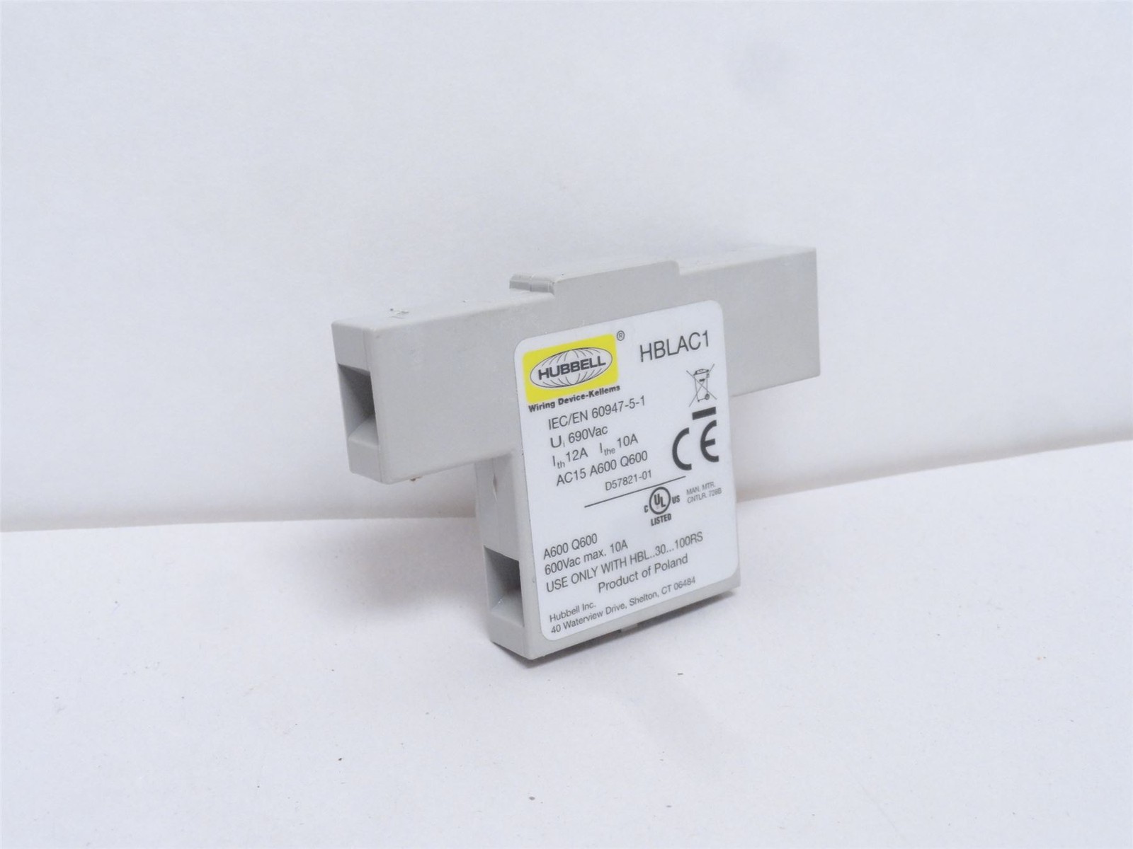 244277 New-No Box; Hubbell HBLAC1 Aux Contact; 1-NO; 1-NC; 10 Amp; 600VAC
