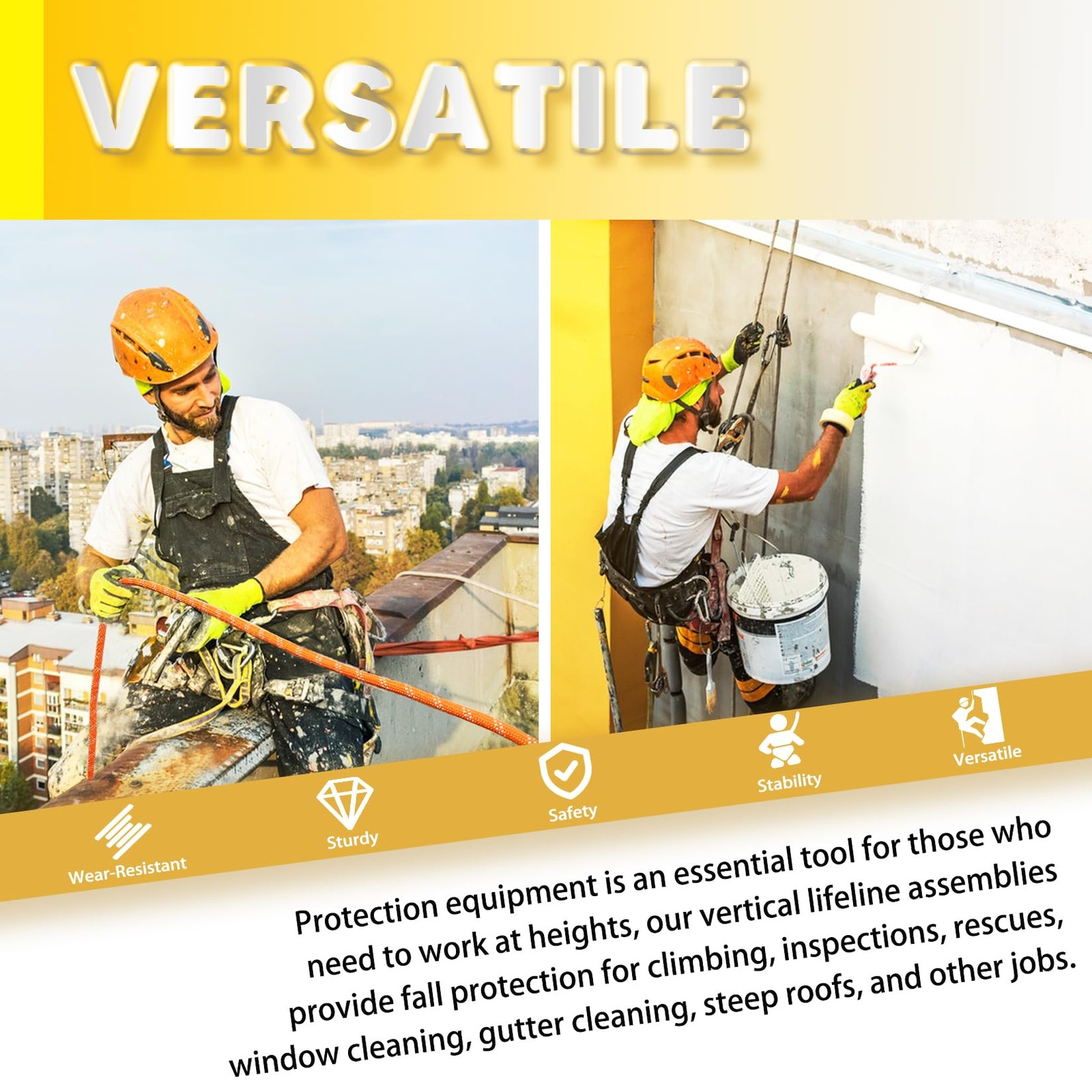 Fall Protection Safety Rope 50FT Heavy Duty Vertical Roofing Ropes Alloy Steel