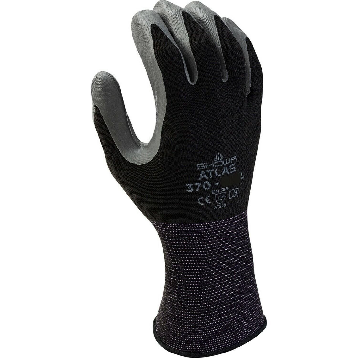 SHOWA ATLAS FIT 370B BLACK NITRILE GARDENING WORK GLOVES (S,M,L,XL,XXL)