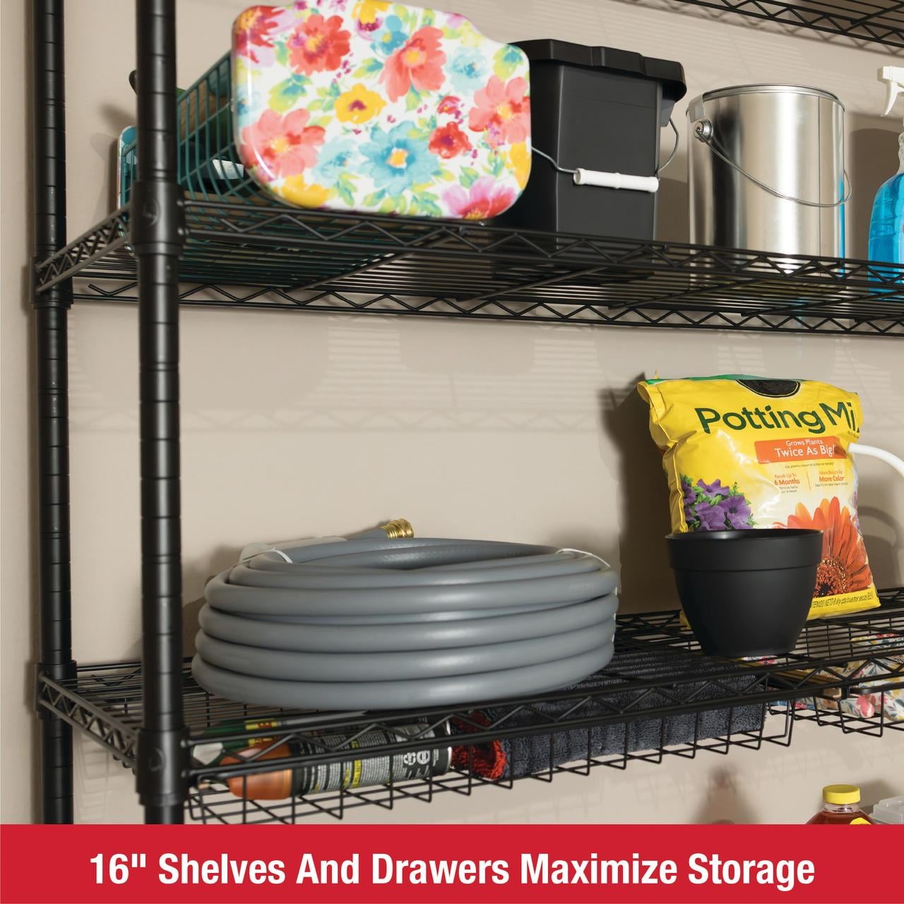 Rubbermaid 85030B 5-Tier Deluxe Heavy Duty Black Wire Shelving Unit with Drawers