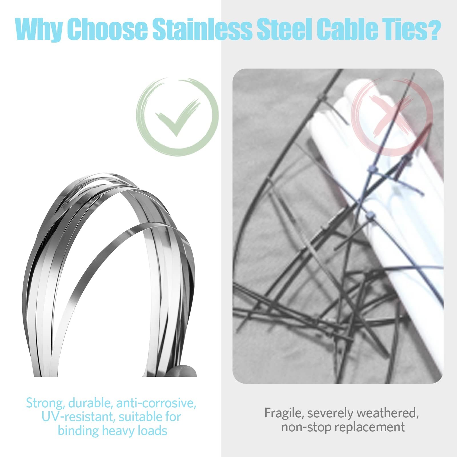 100PCS 11.8Inch Metal Cable Zip Ties – 304 stainless steel Heavy Duty