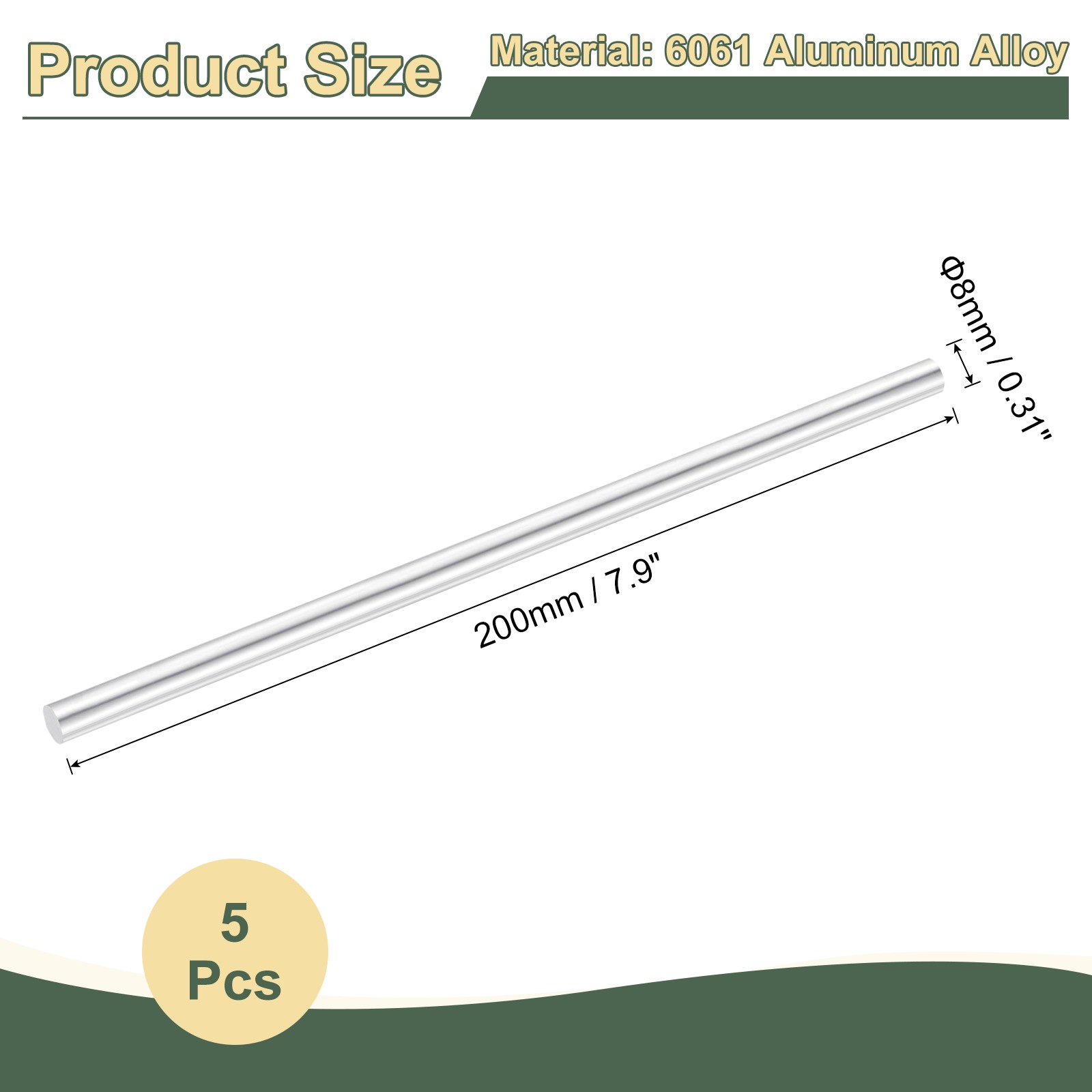 5Pcs 0.31″(8mm) Dia Round Aluminum Rods, 7.9″ Long 6061 Aluminum Round Rods