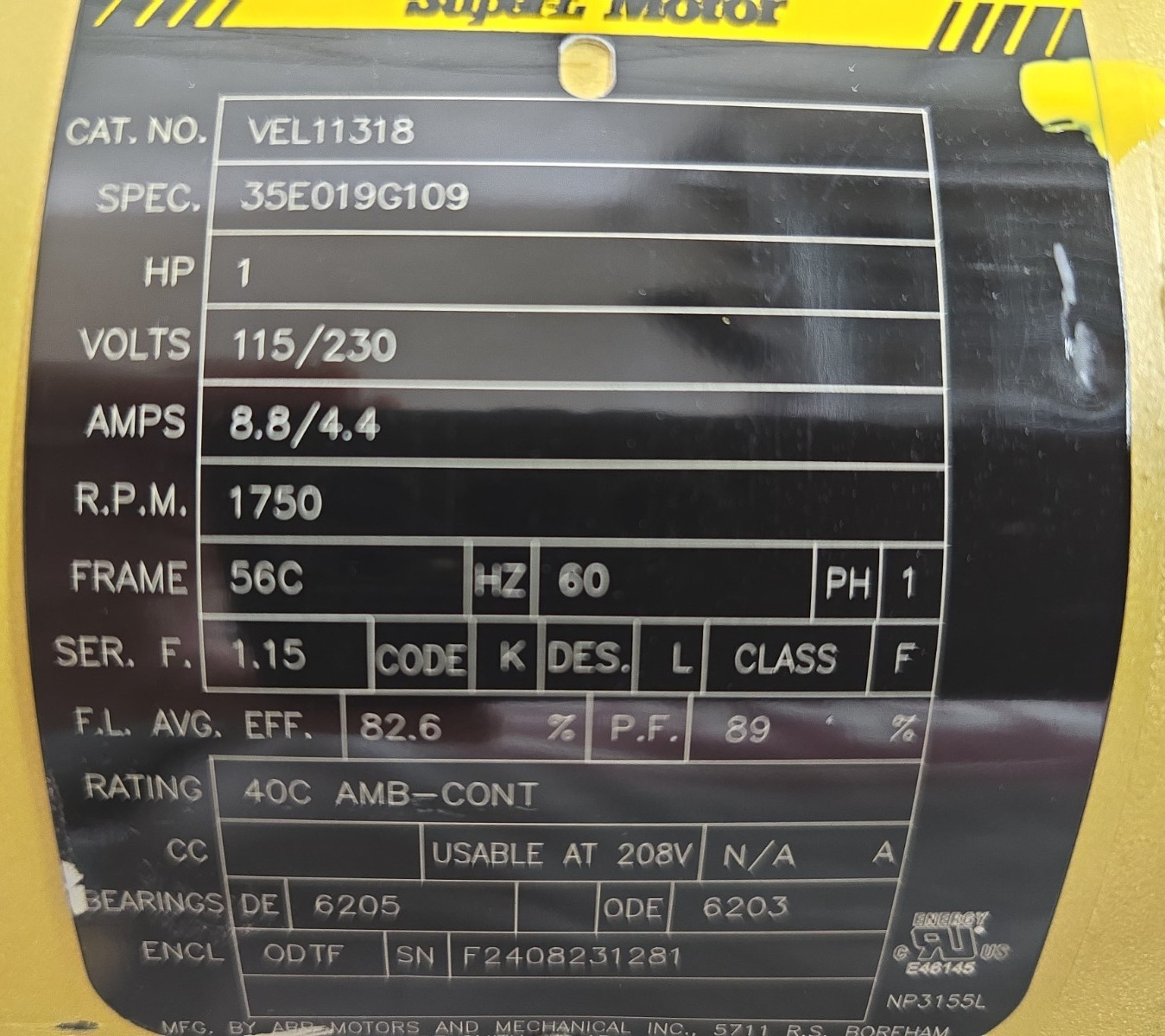 Baldor Reliance Super E. 1HP VEL11318