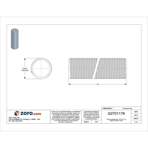 Zoro Select Rth-1420-24 Fully Threaded Rod, 1/4″-20, 2 Ft, Nylon, 6/6, Plain,