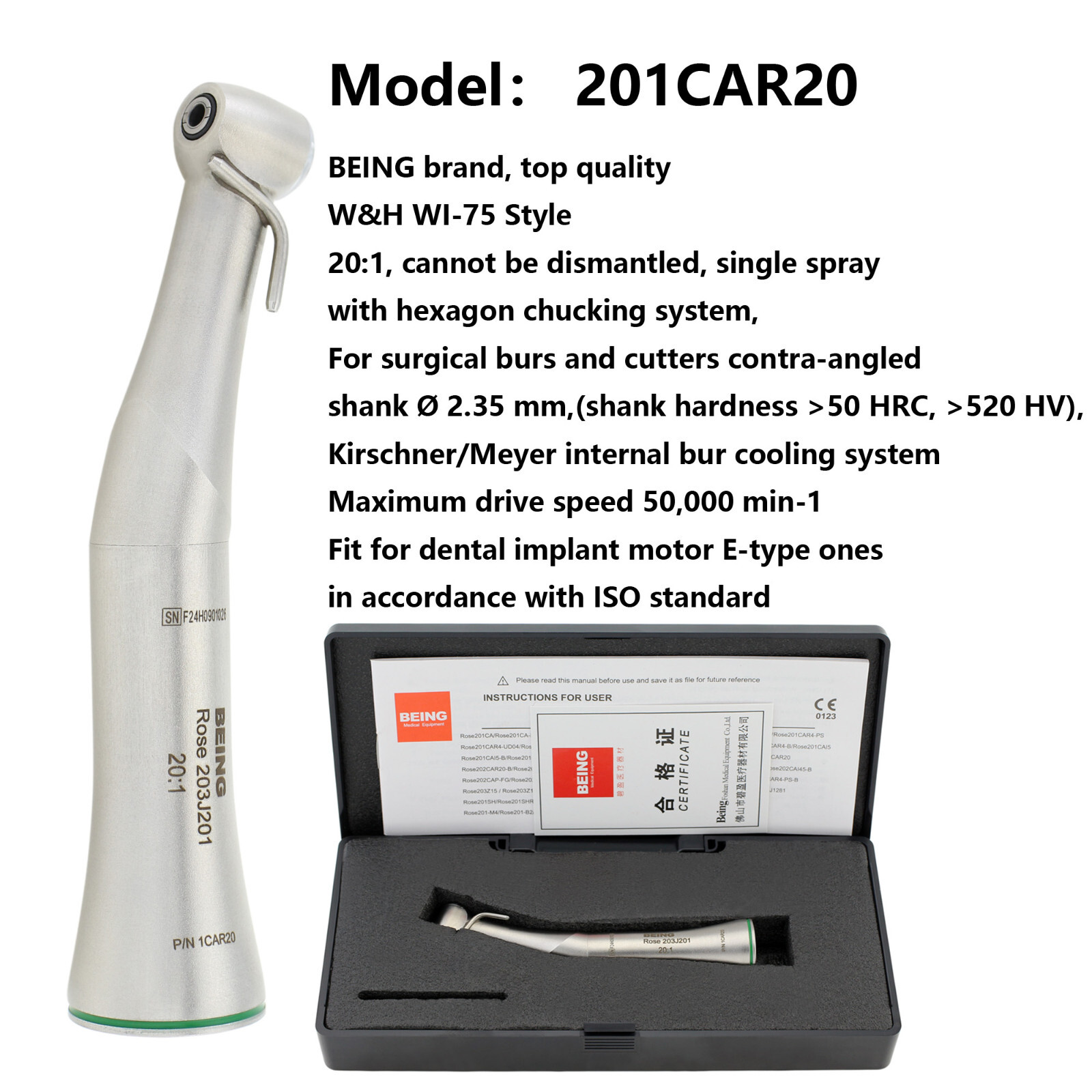 BEING Dental Implant Handpiece 20:1 Surgical Contra Angle WI-75 E/KM Style ISO E