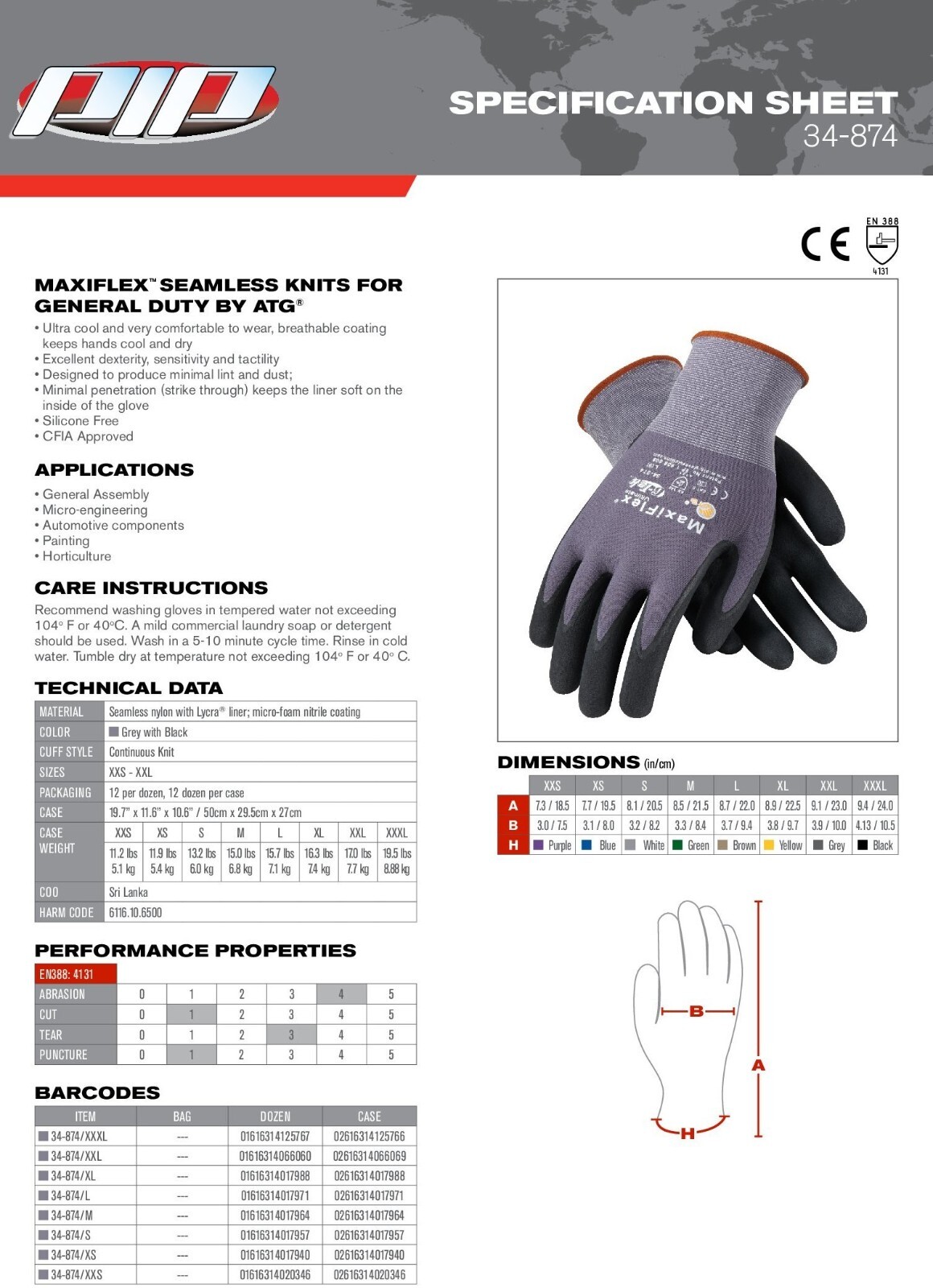 12- 34-874 MaxiFlex Foam Nitrile Grip Palm Coated PROTECTIVE WORK GLOVES MEDIUM