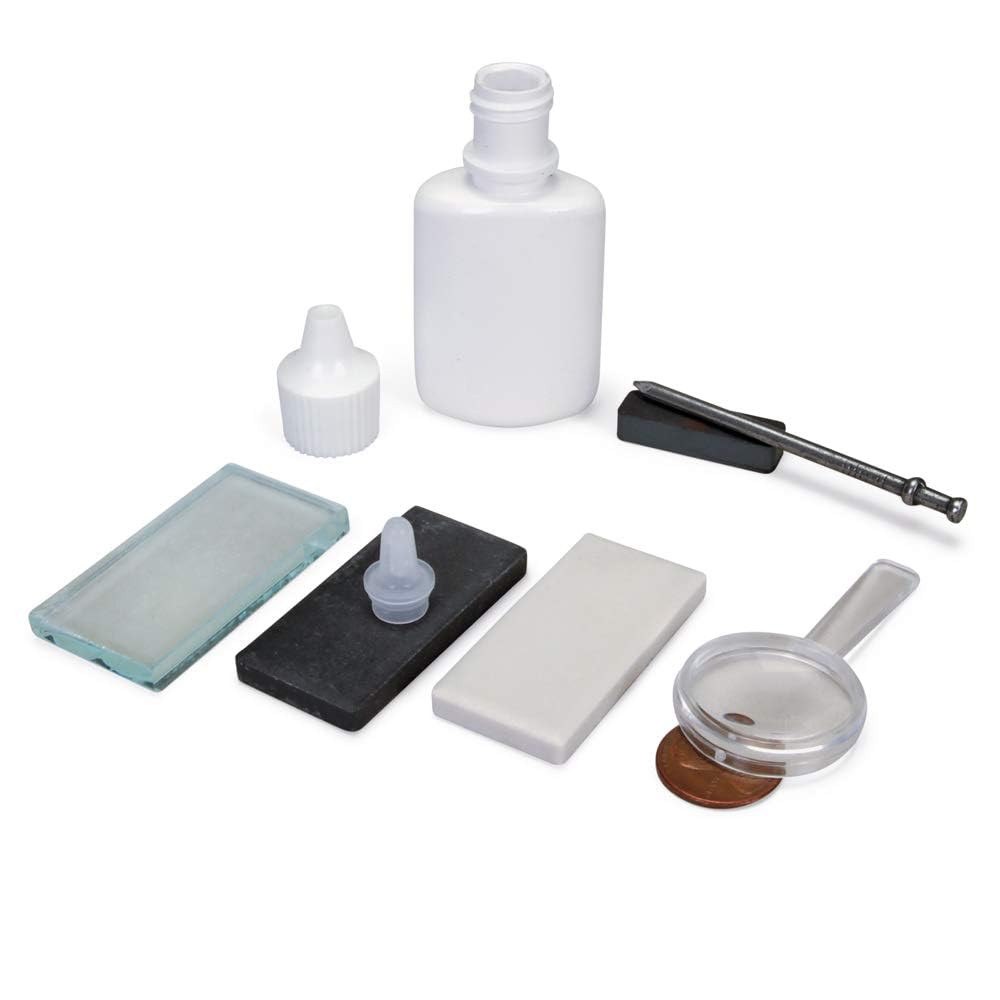 Mineral ID Kit – 7 Pieces – Includes Streak Plates, Glass Plate, Dropper Bottle,