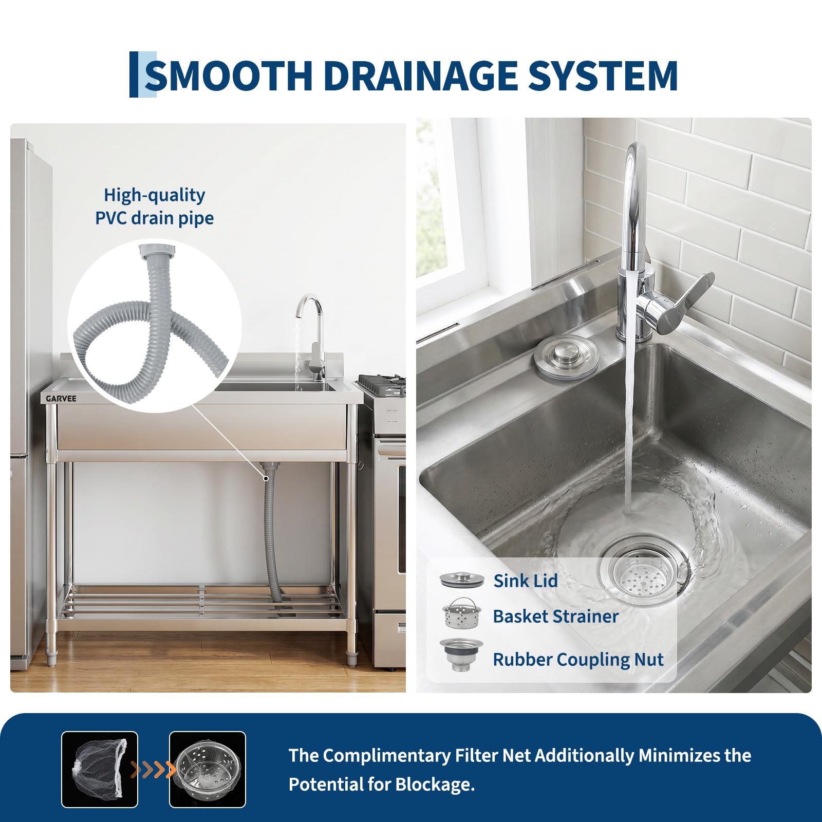 Stainless Steel Commercial Sink Utility Sink 1 Compartment Kitchen w/Prep Table