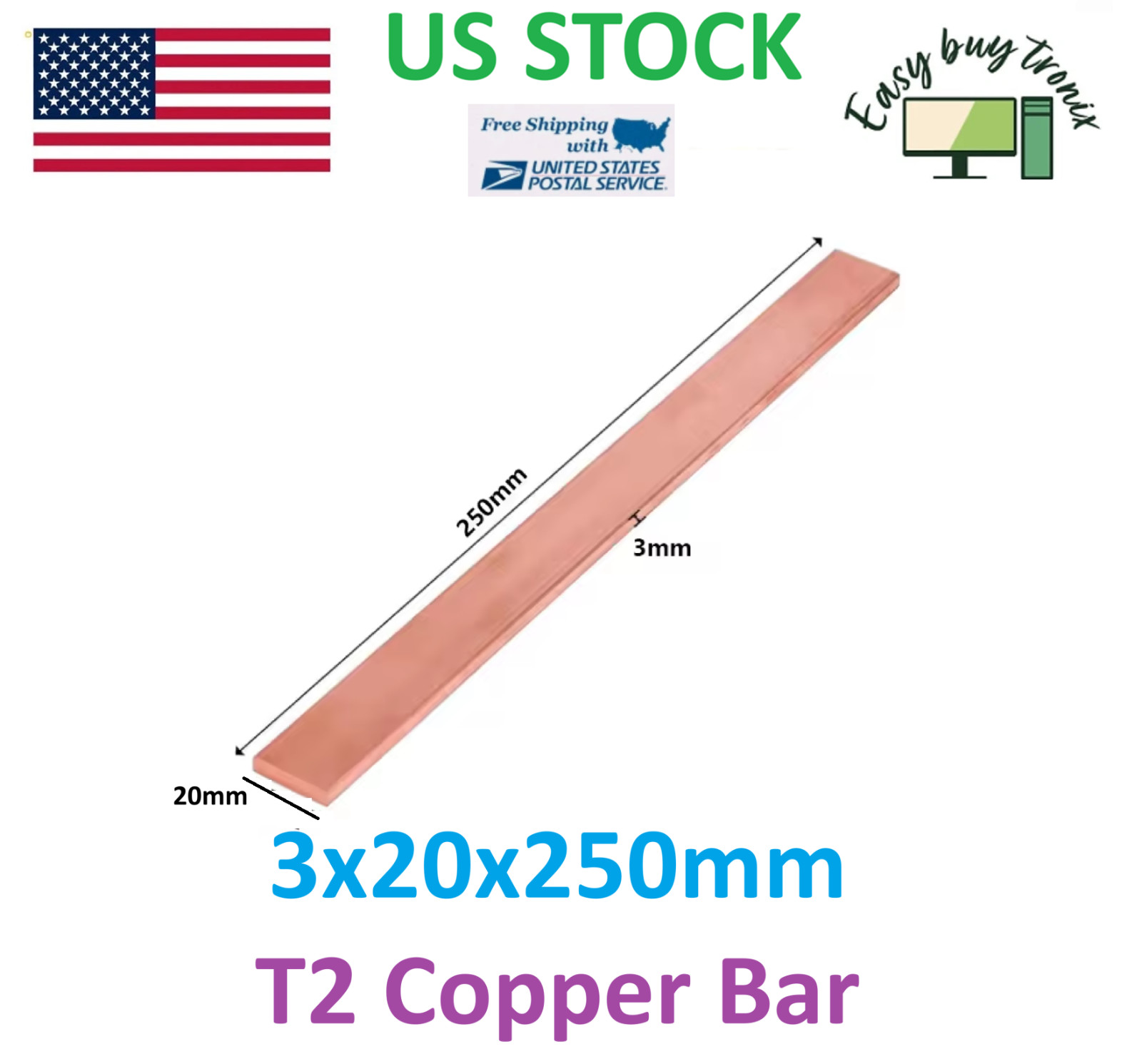 US Stock 99% Copper T2 Cu Metal Flat Bar Plate 3mm x 20mm x 250mm