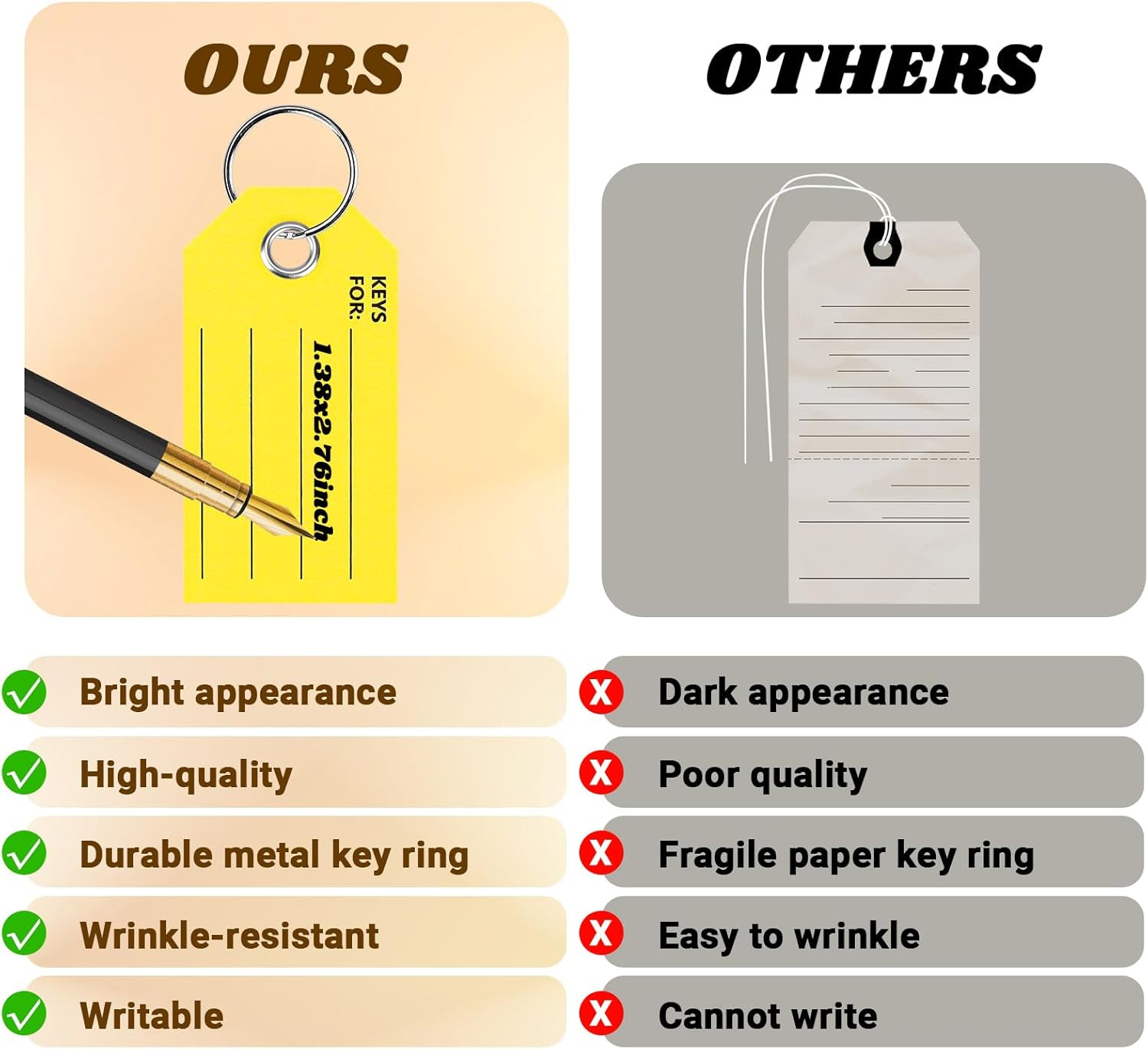 250 Pcs Yellow Key Tags with Labels and Rings: 1.38 X 2.76 Inches, 250 Labels, C