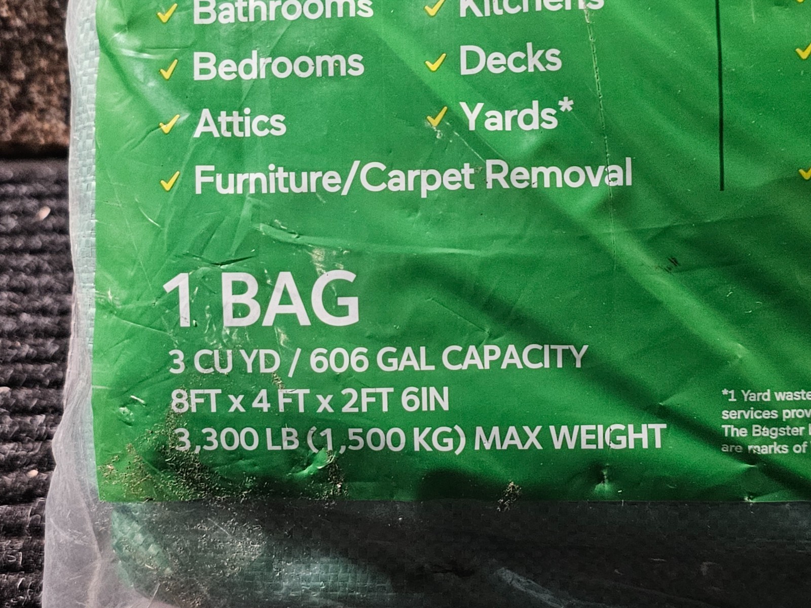 Bagster 3CUYD Trash Container Bag With a Capacity Of Up to 3,300 Pounds, Green
