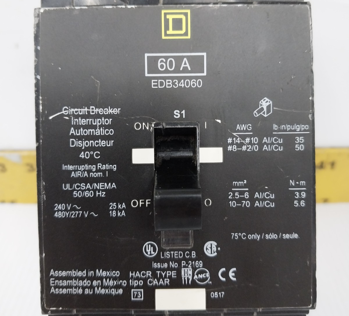 Square D 60 Amp Bolt-On Circuit Breaker 240 / 480Y/277 VAC 3 Pole EDB34060