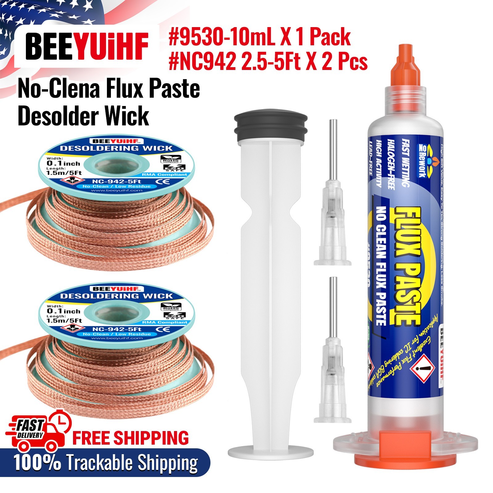 BEEYUIHF 10mL No Clean Soldering Flux Paste with 10ft Desoldering Wick Braid