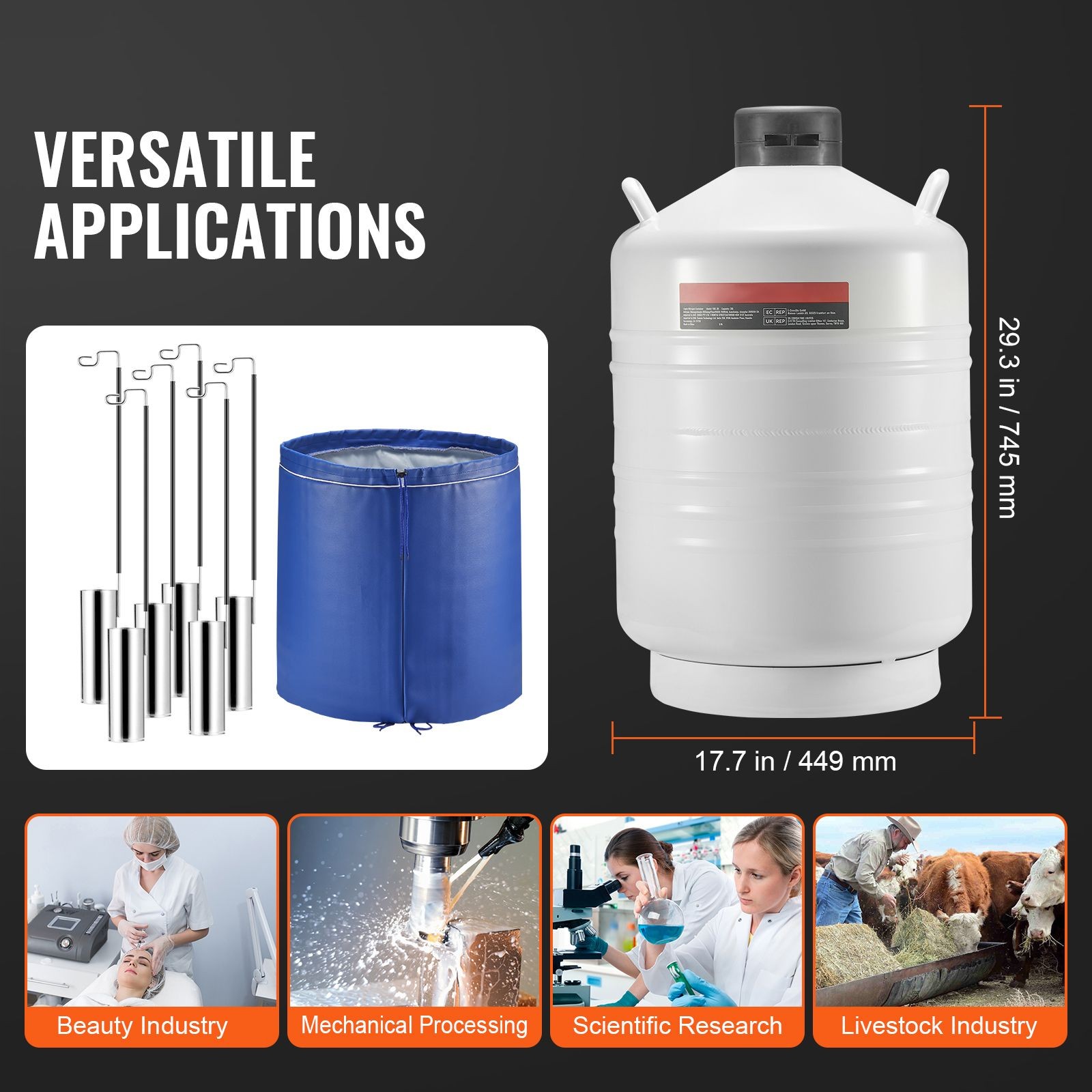 30L Vacuum Insulated Aluminum LN2 Dewar w/6 Canisters & Carry Bag