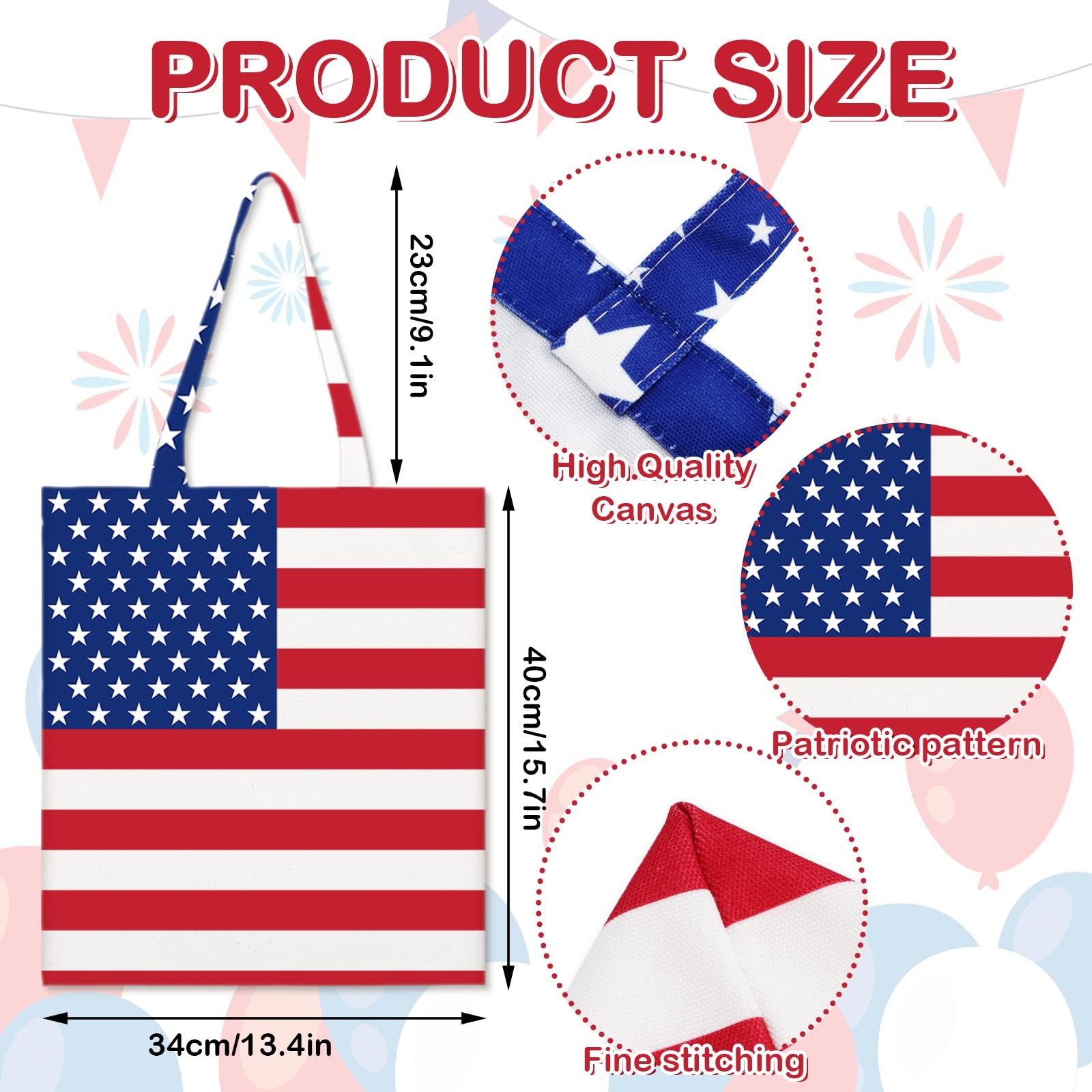 3Pcs Patriotic Canvas Tote Bags Red Blue Star American Flag Grocery Shopping Bag