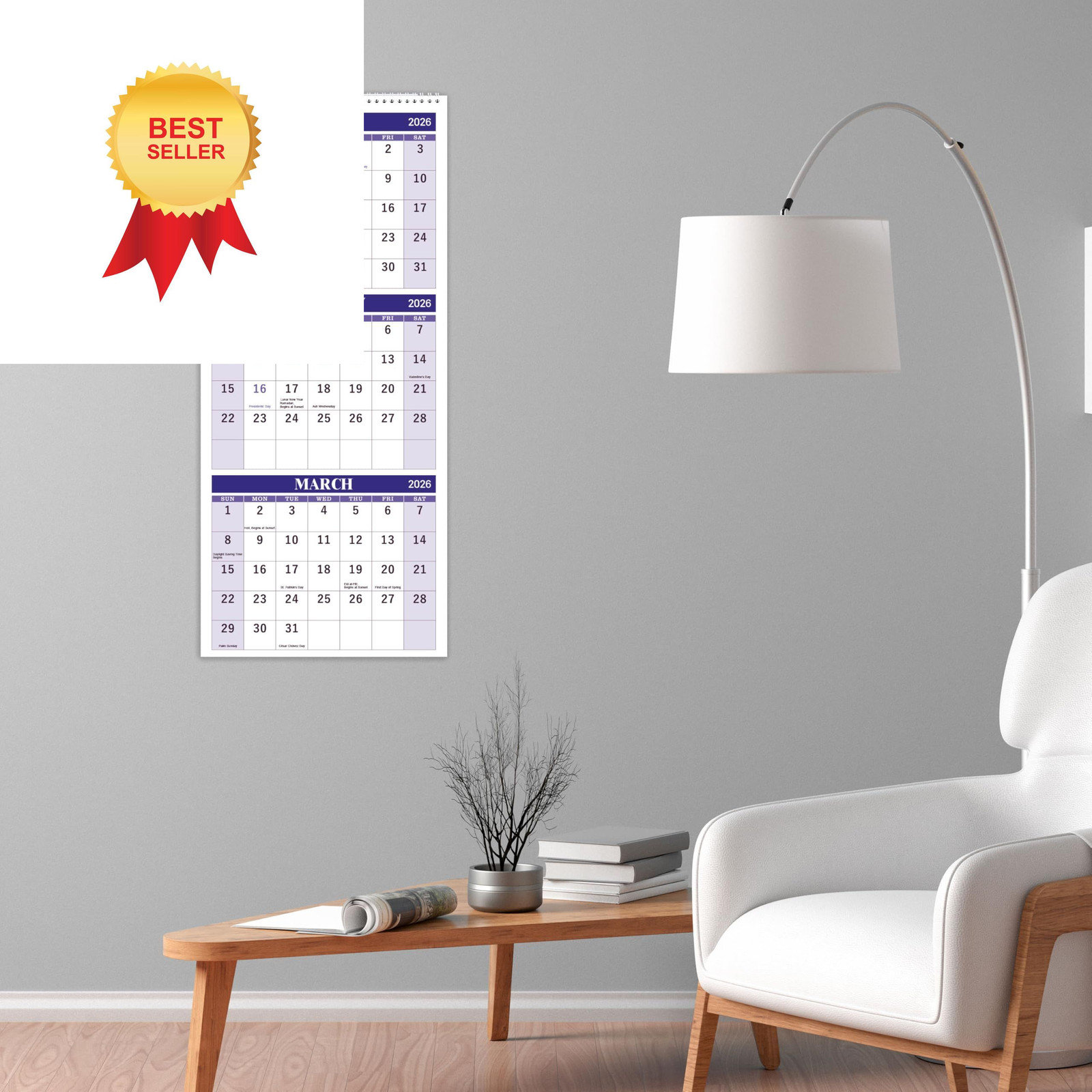 2026 Wall Calendar – 3 Month Display (Folded in a Purple