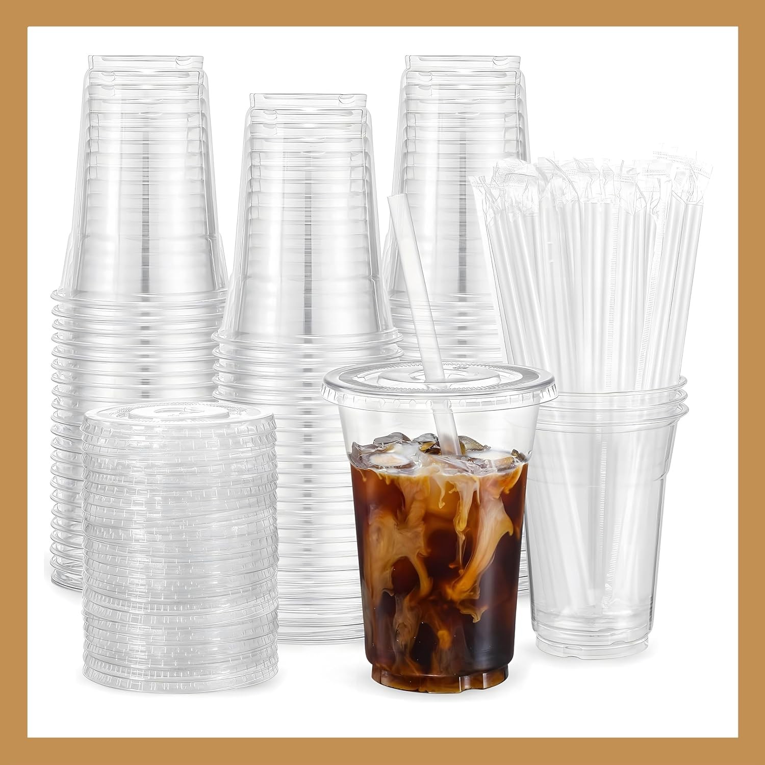 Plastic Clear Cups [16 oz] with Lids and Straws [10 Set] Disposable Cold