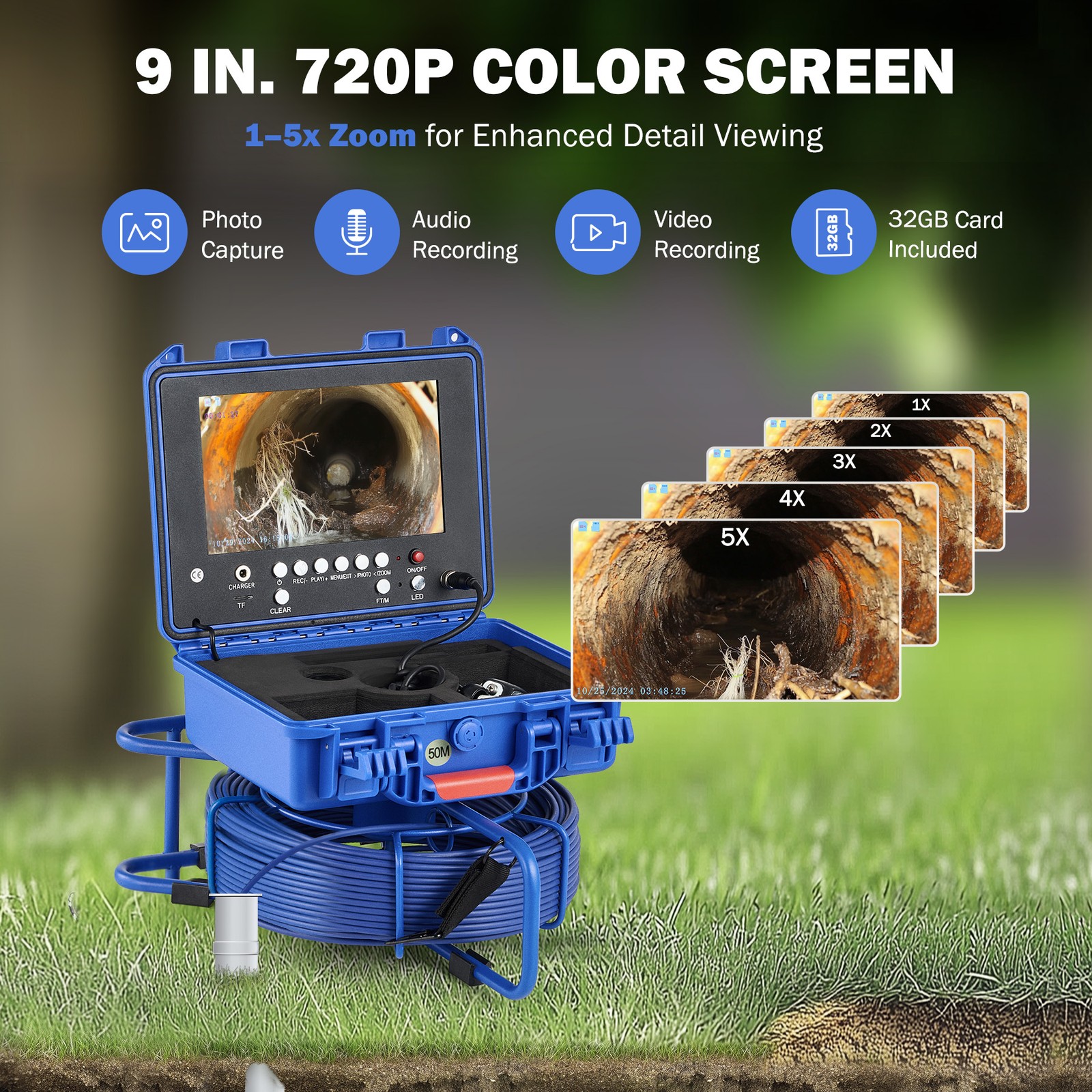 9 In Self-Leveling Sewer Camera 50m/164ft Pipe Inspection Camera w 512Hz Locator