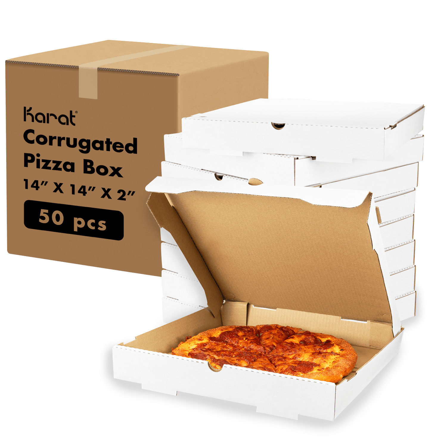 Karat Corrugated Pizza Box, 14”x14”x2”, White – 50 pcs, FP-PBF14W
