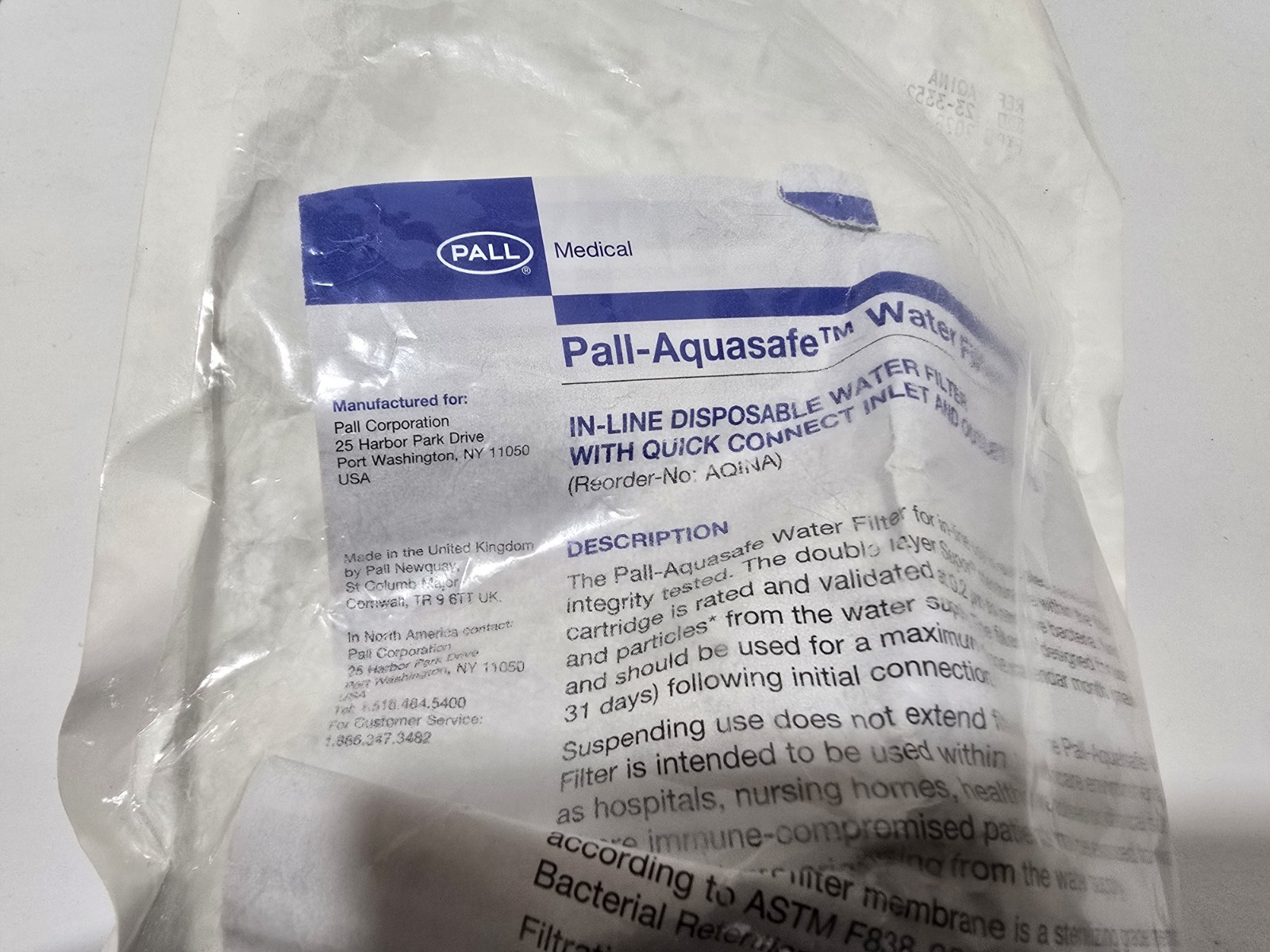 AQINA ,Pall-Aquasafe , Disposable In-Line Water Filter, In and Out Ports 05/2028