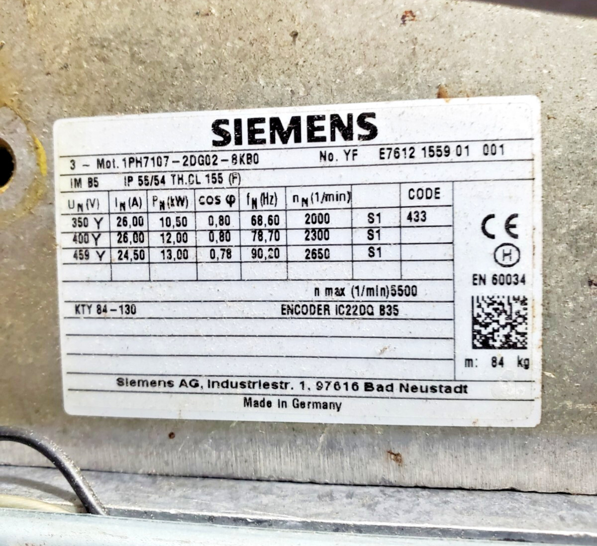 Siemens 1PH7107-2DG02-8KB0 Induction Motor 3Ph 350/459V 26A 10.5kW 2000RPM