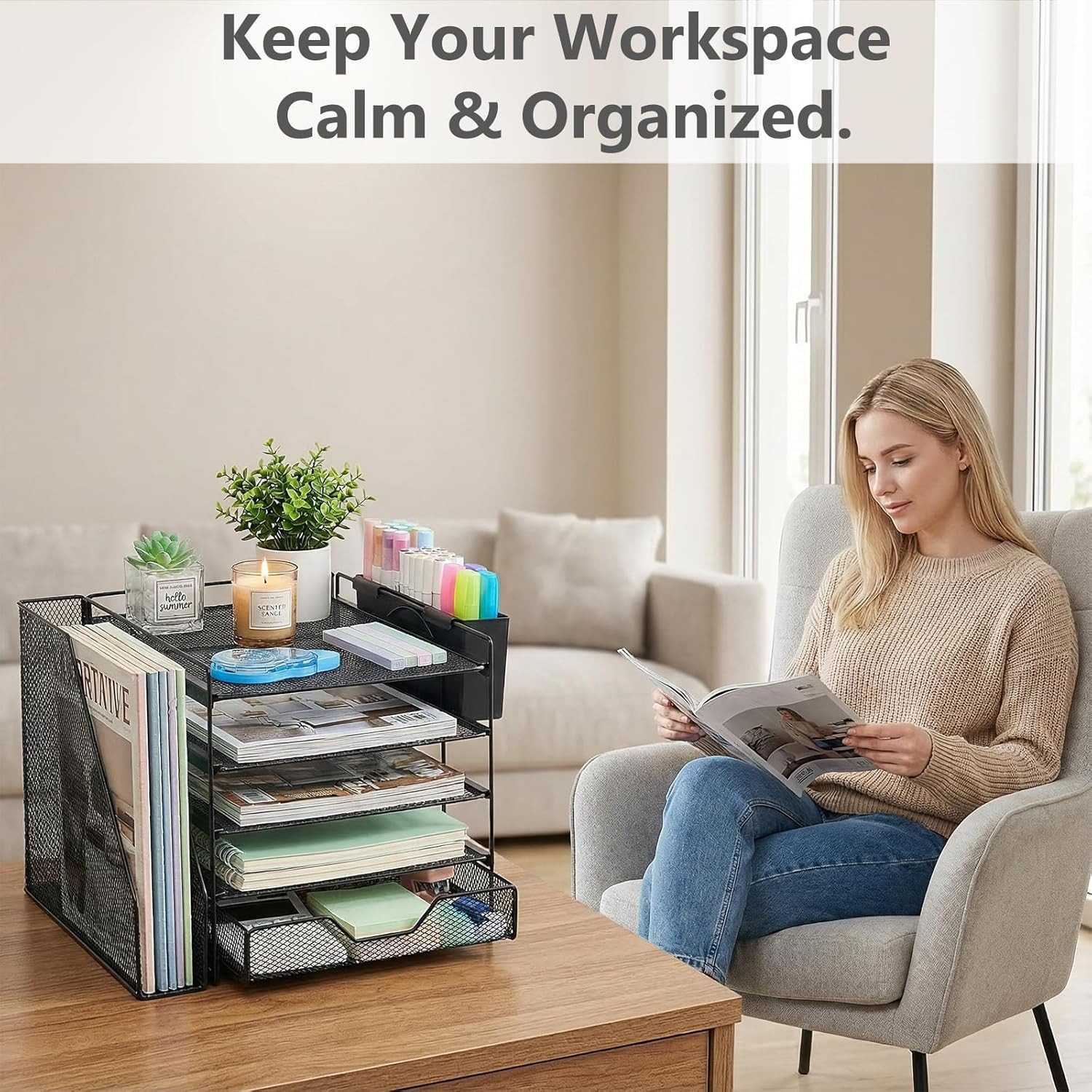 5 Tier Desk File Organizer with Drawer Pen Holder Metal Mesh Black