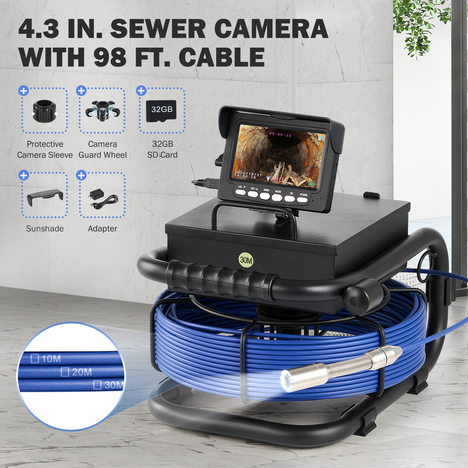 Zelcan Sewer Camera 4.3 In LCD Monitor 98FT/30M HD Drain Pipe Inspection Camera